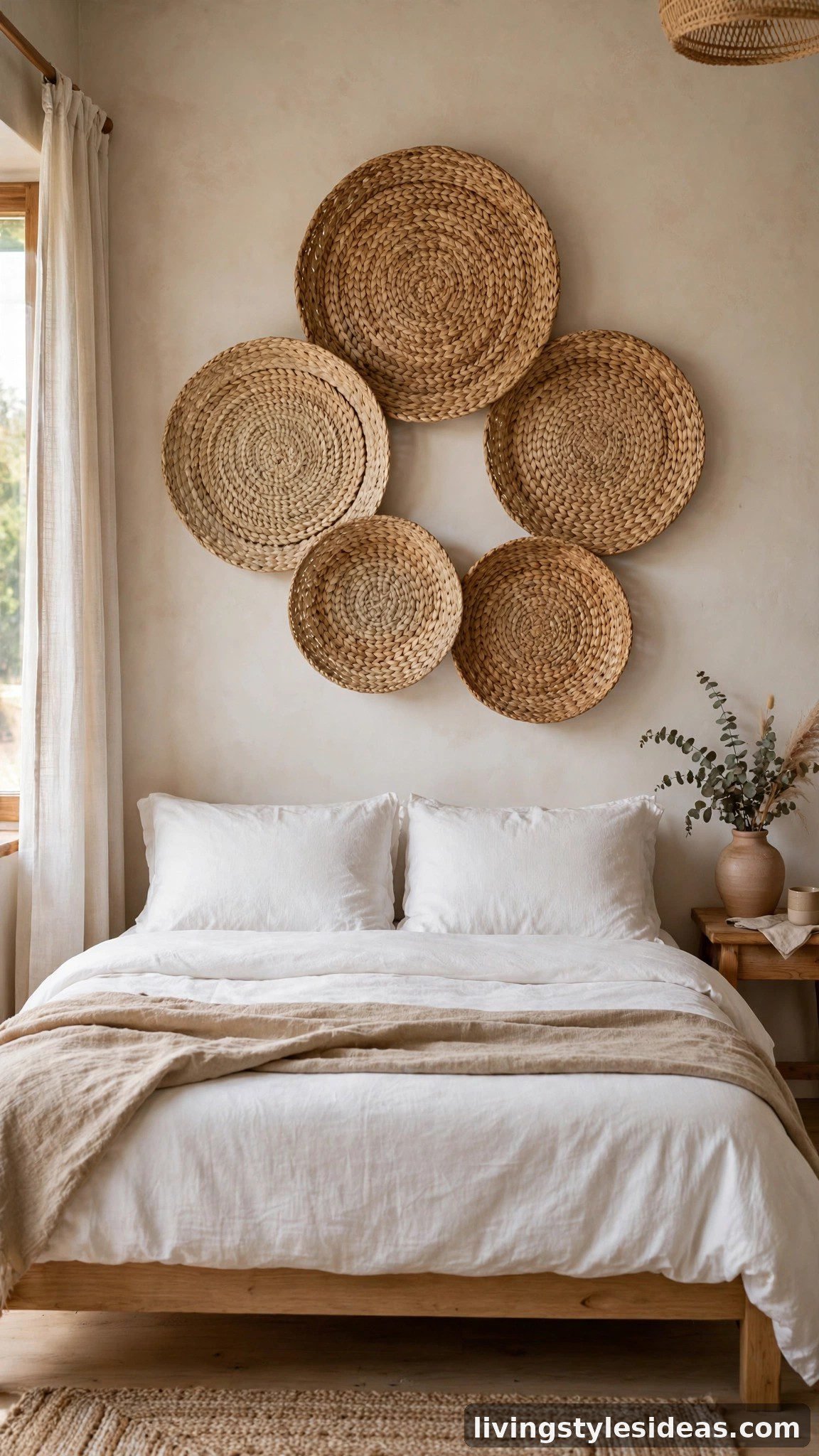 Woven basket wall arrangement above a studio apartment bed