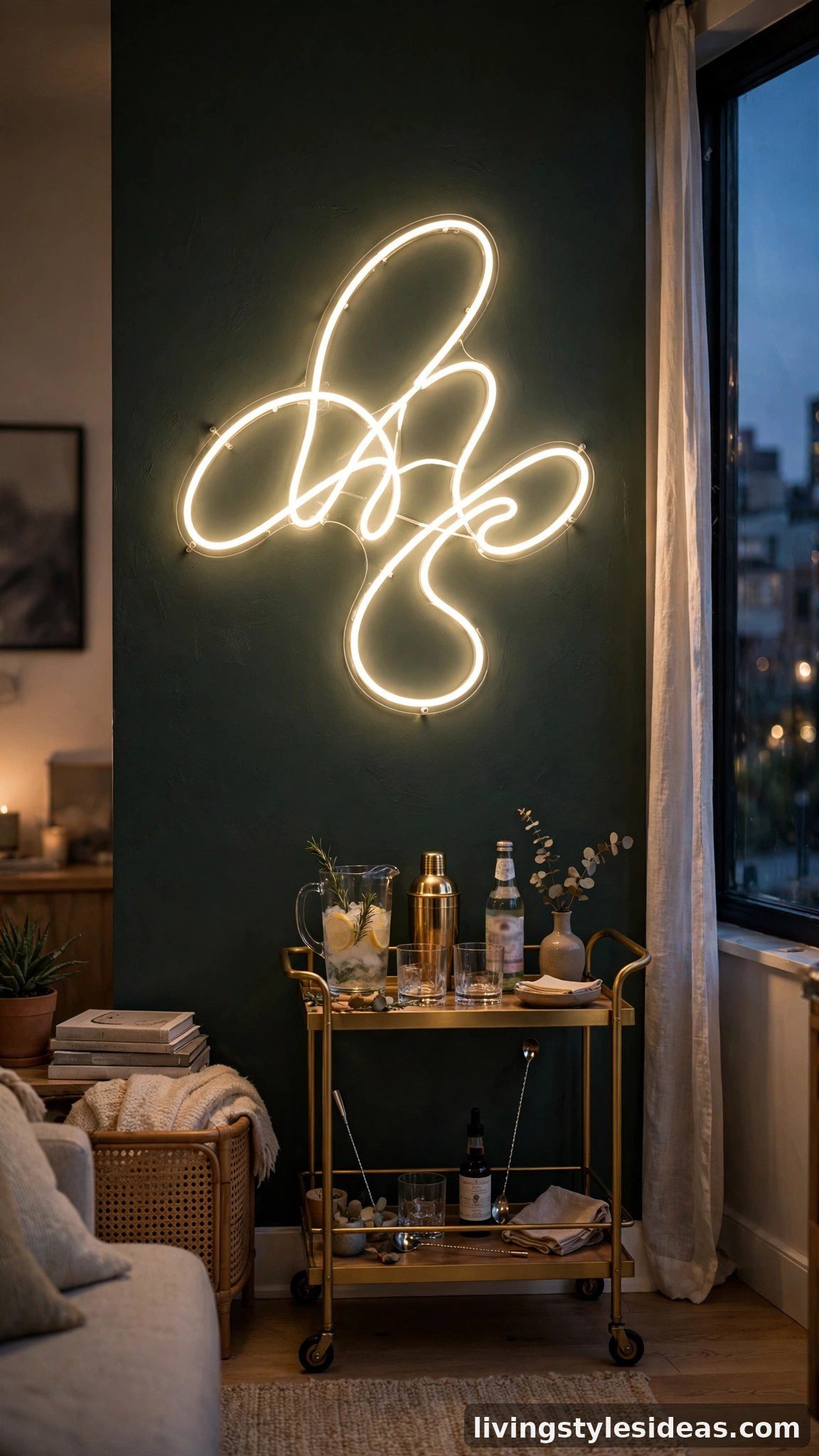 Neon word sign glowing above a bar cart in a studio apartment