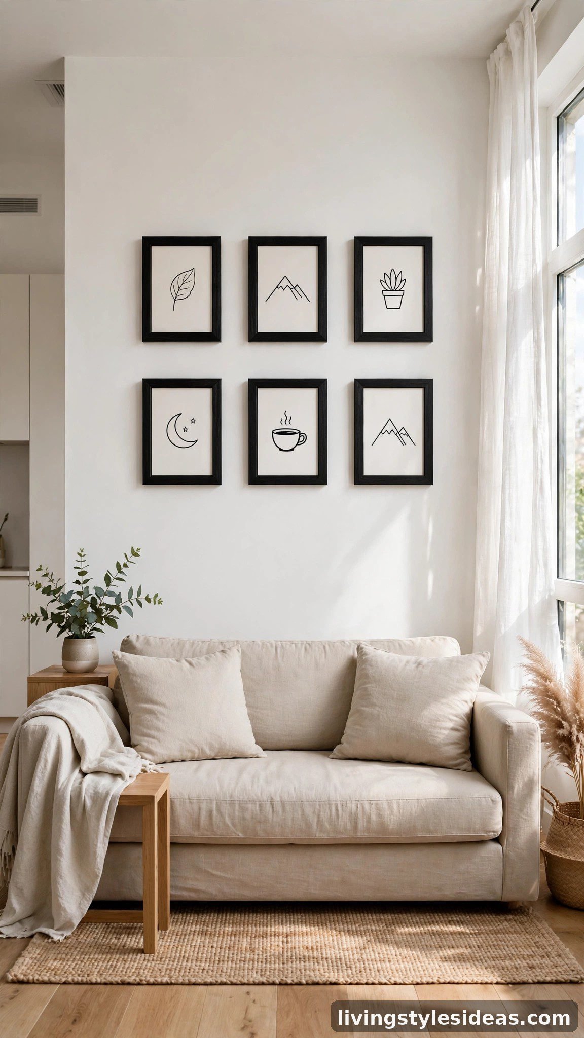 Symmetrical grid of small framed prints above a studio sofa