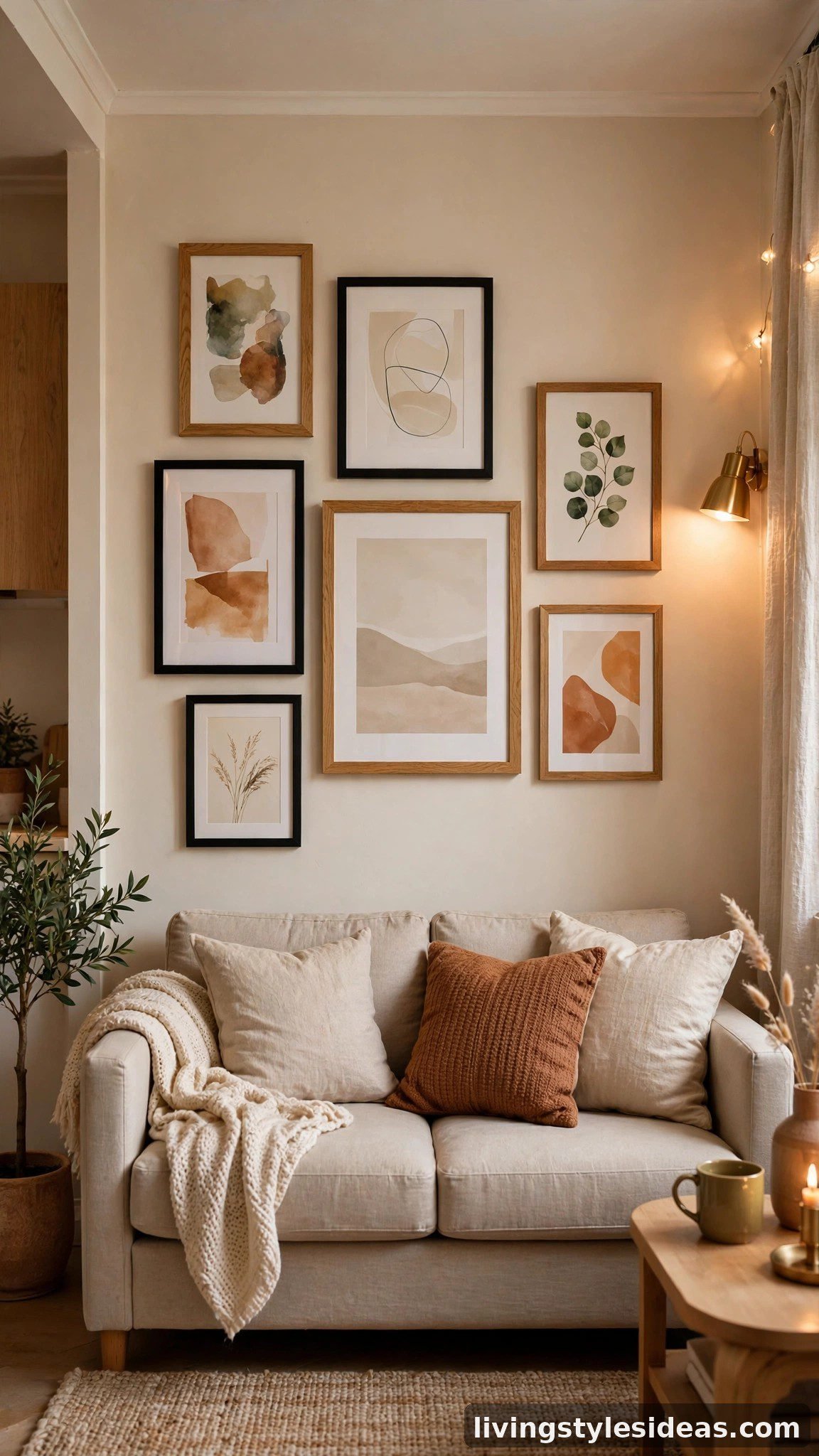 Small intentional gallery wall above a sofa in a studio apartment