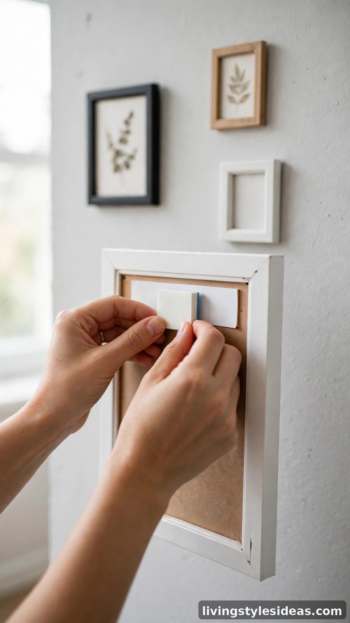 Renter-friendly adhesive hooks hanging wall art in a studio apartment