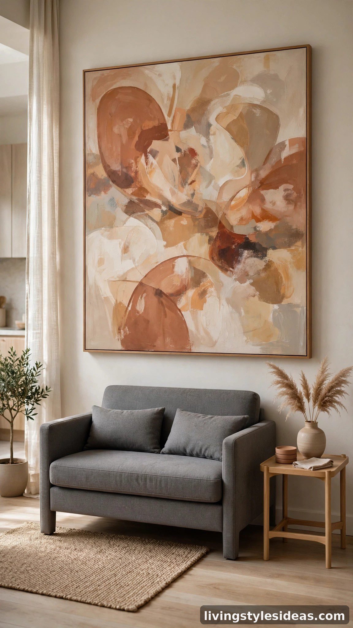 One oversized artwork anchoring a studio apartment living area