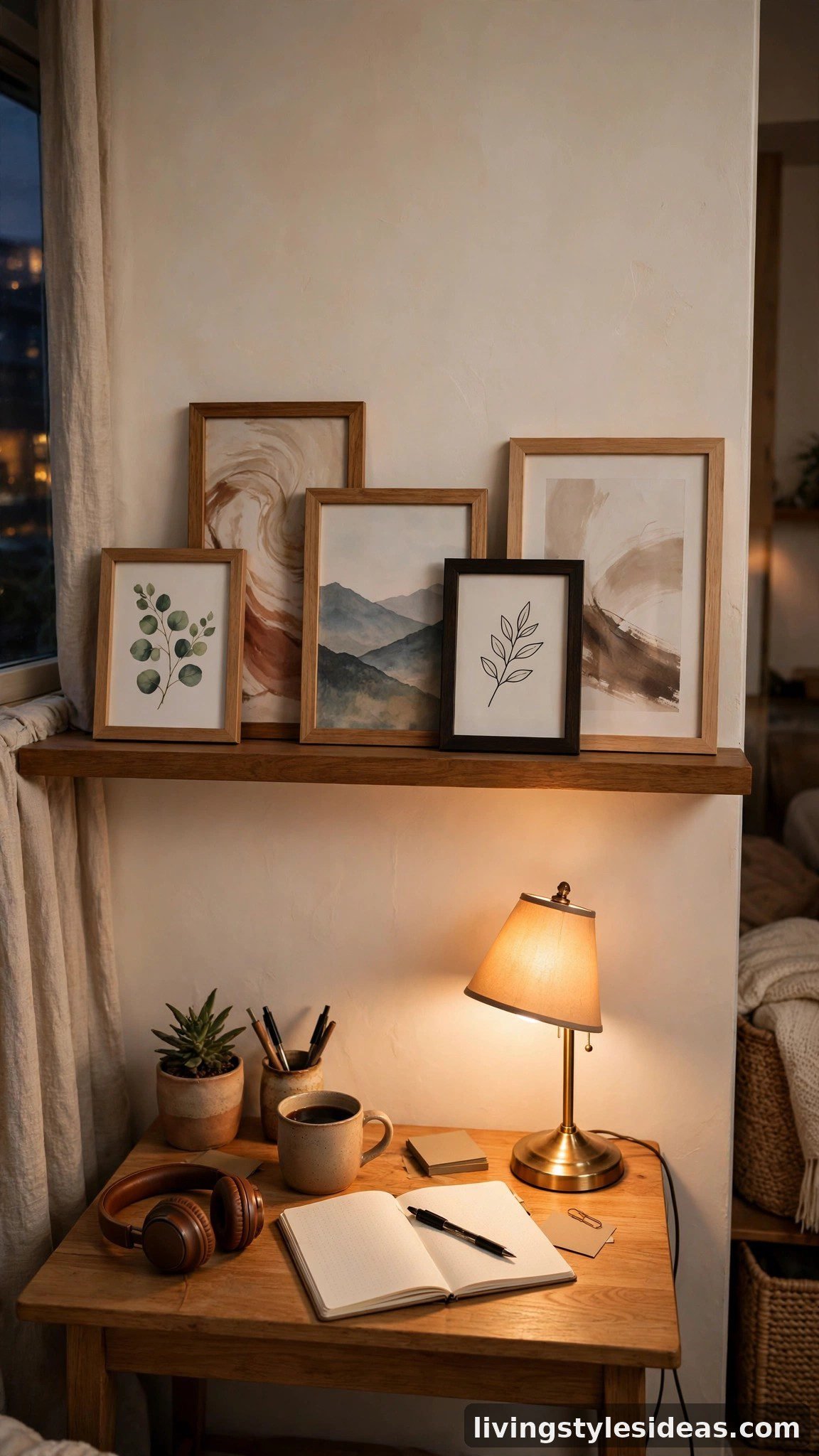 Picture ledge with layered leaning frames in a studio apartment