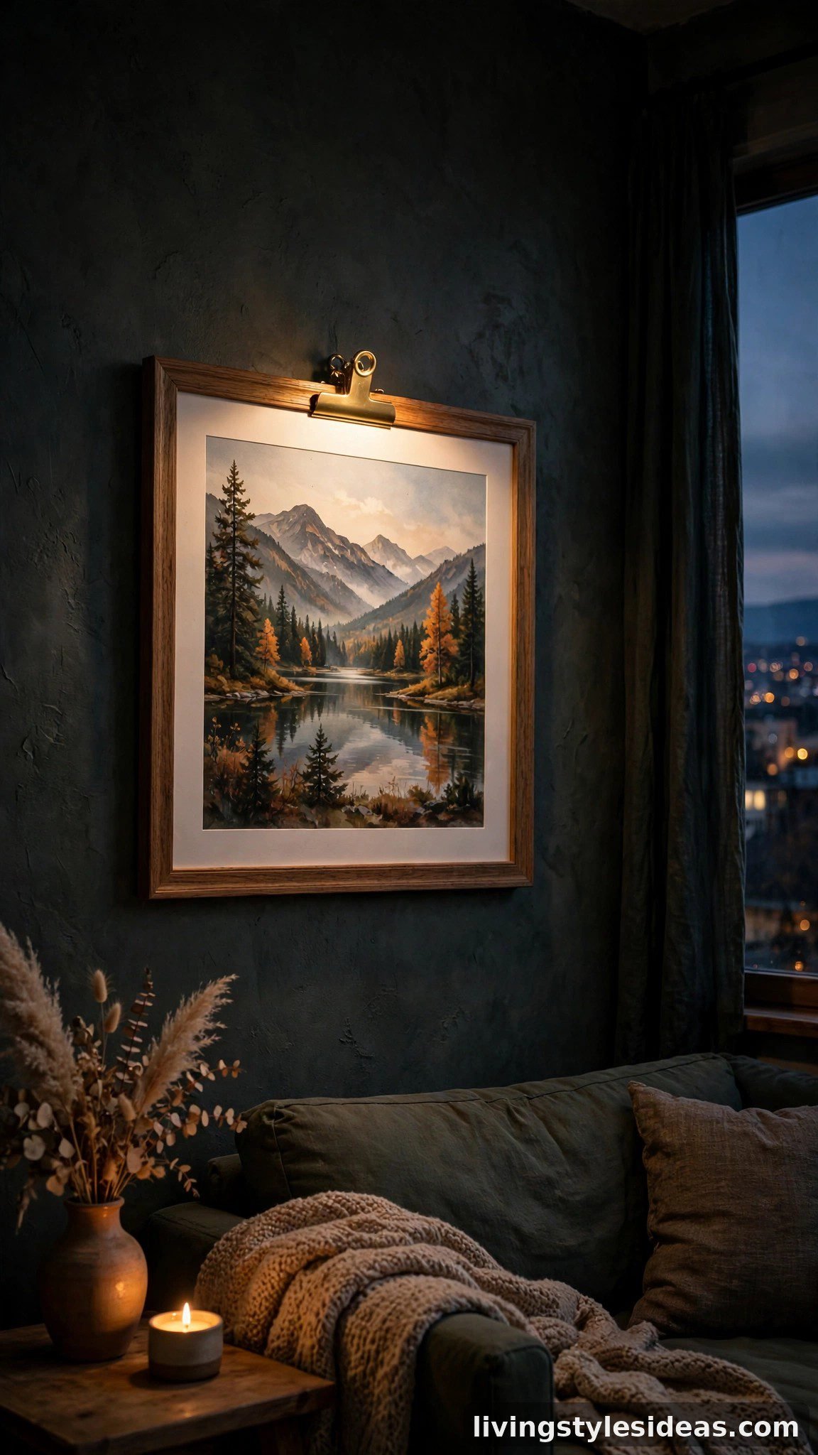 Gallery-style lighting spotlighting wall art in a studio apartment