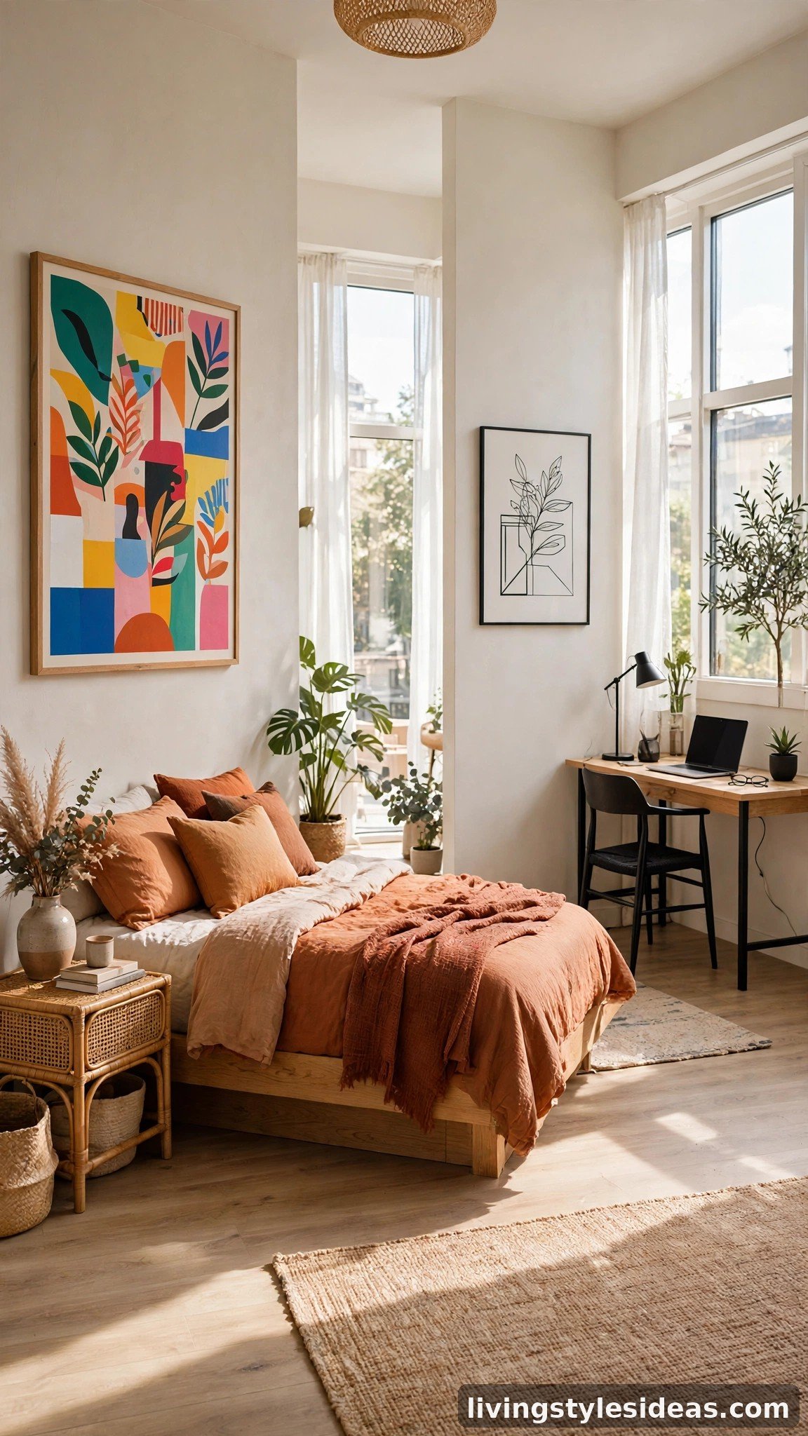Wall art defining separate zones in an open studio apartment
