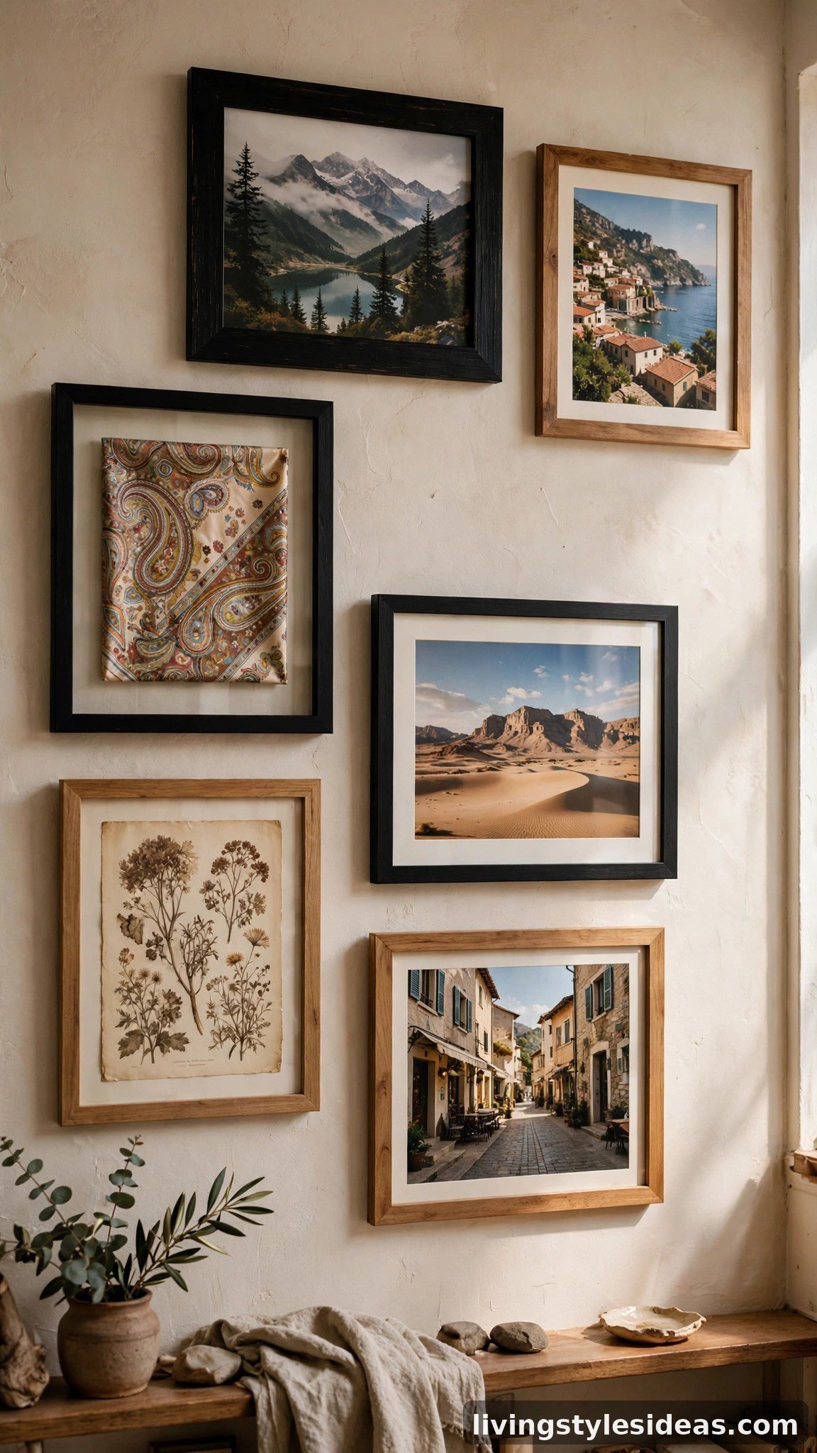 Framed personal photos and prints styled on a studio apartment wall