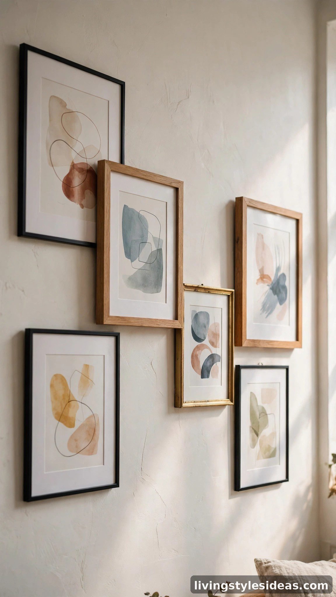 Mixed frame styles creating a collected gallery look in a studio