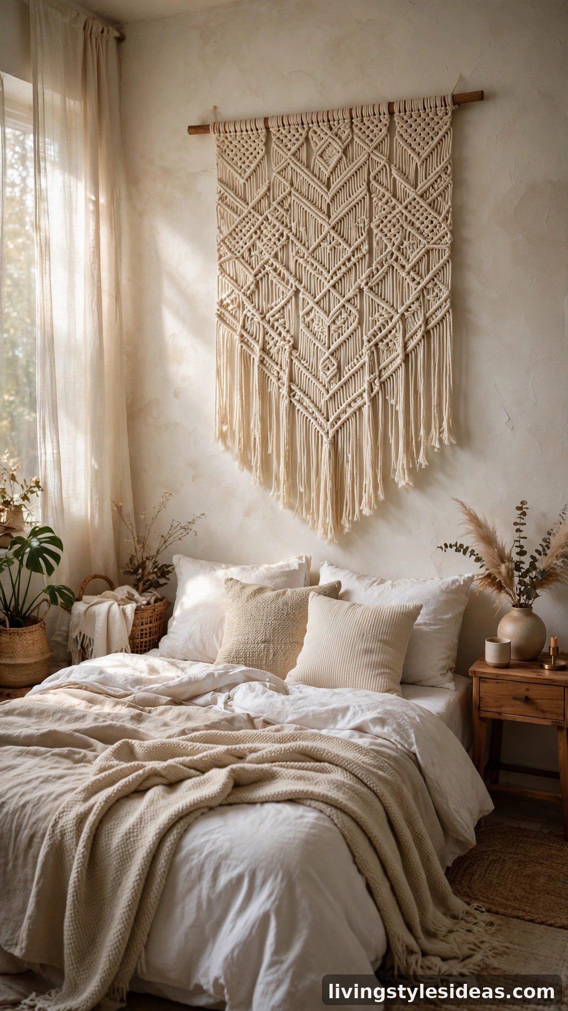 Woven textile wall hanging adding softness to a studio apartment