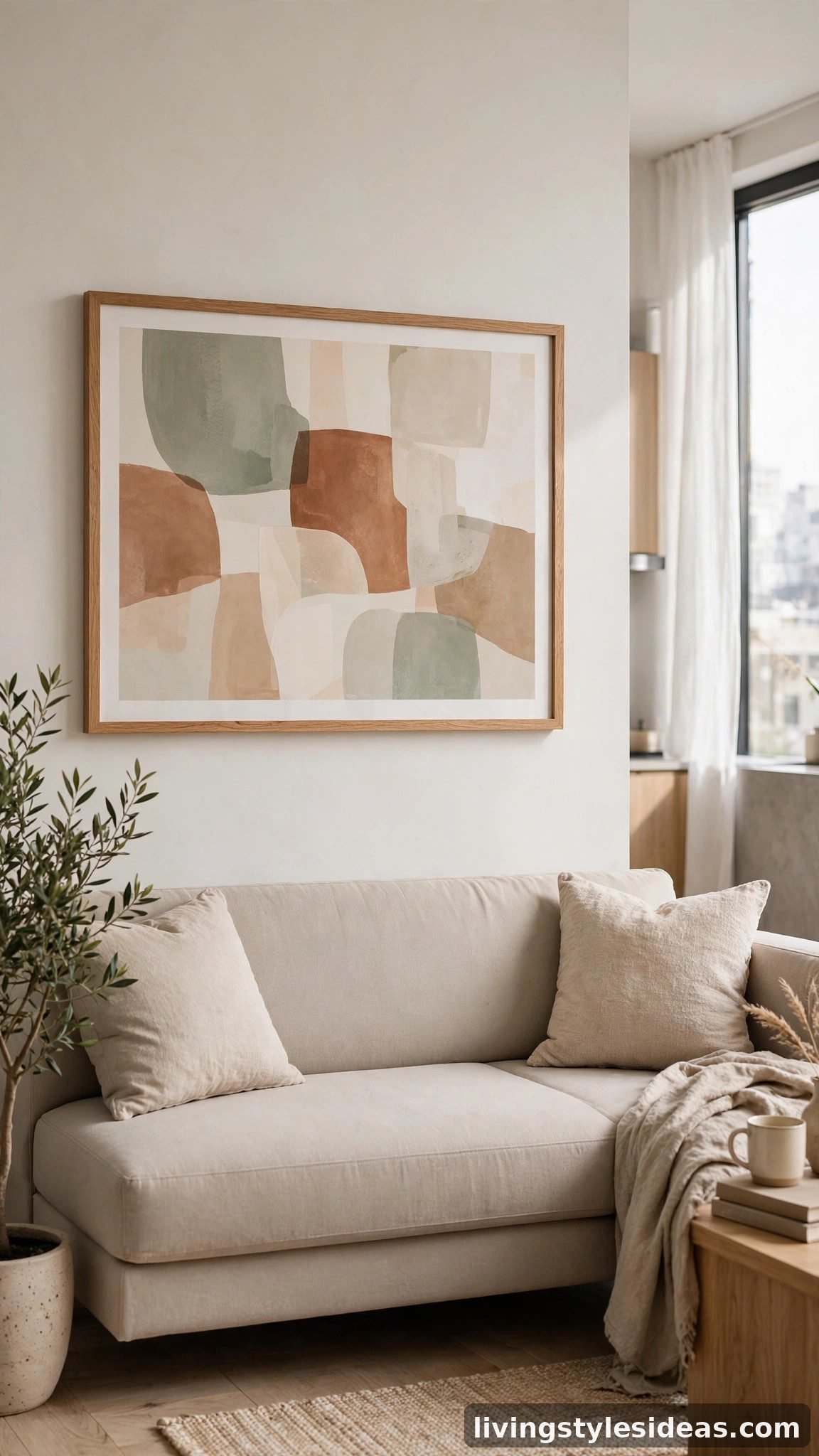 Perfectly proportioned wall art styled above a sofa in a studio apartment