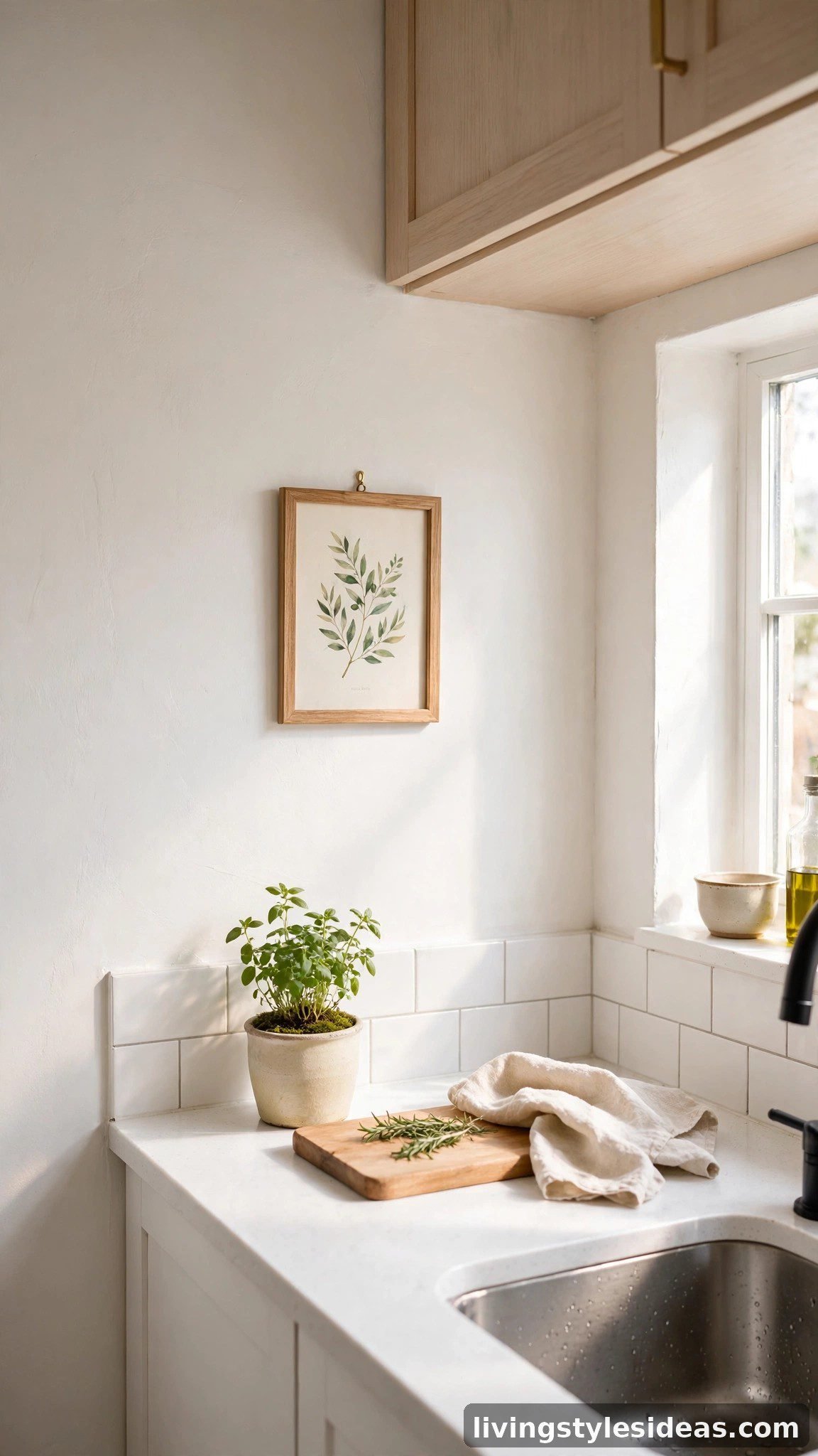 Small framed art styled in a studio apartment kitchen corner