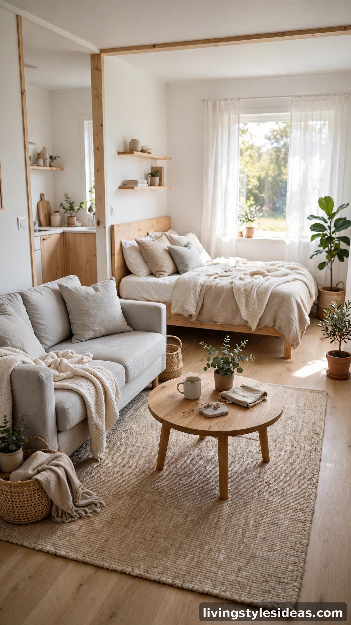 Bright tiny studio apartment open-plan layout with a large beige area rug anchoring a small sofa and coffee table, bed visible in the background corner