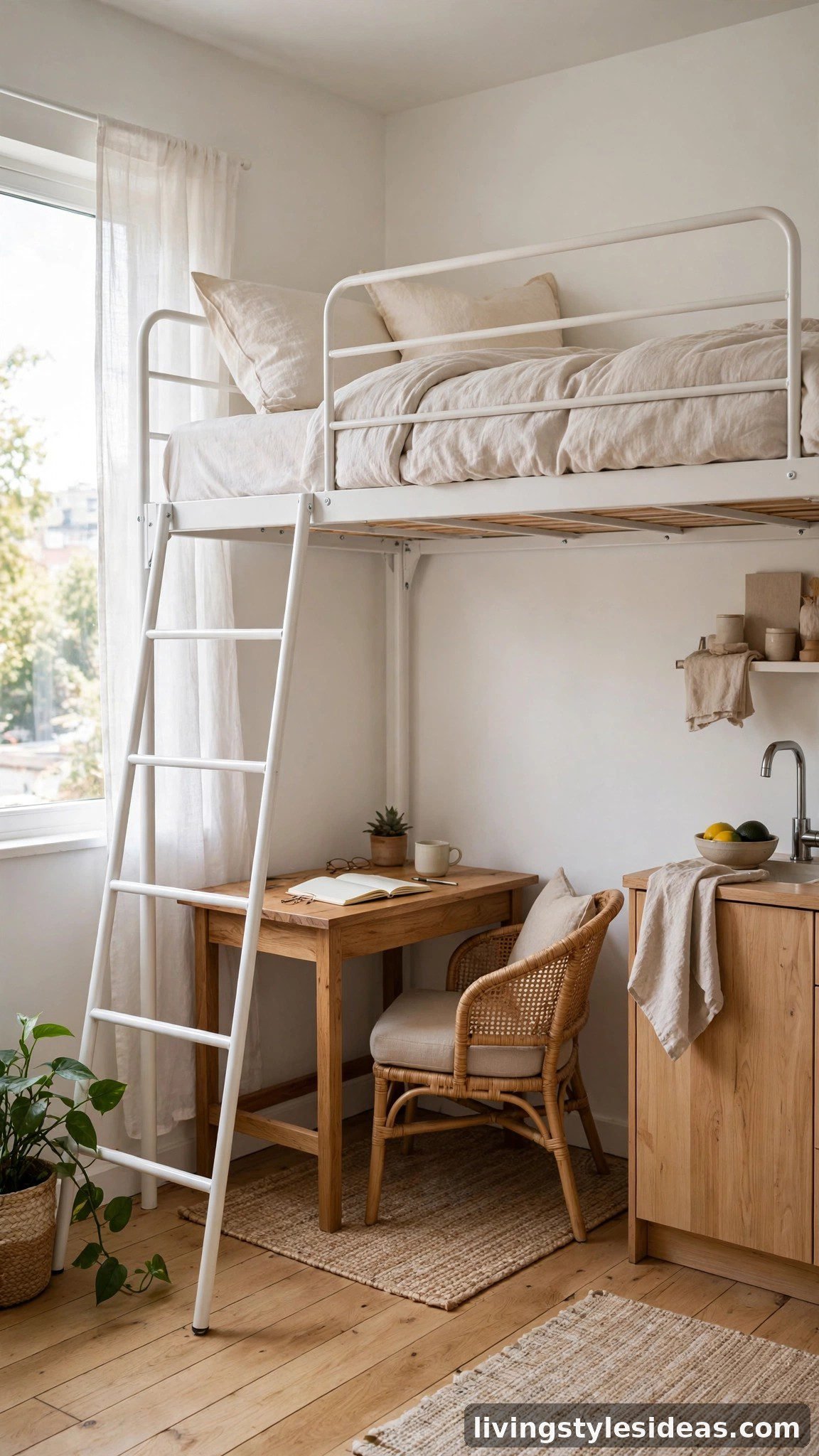 Tiny studio apartment with a white loft bed, desk and reading chair tucked underneath, light bedding and wood floor