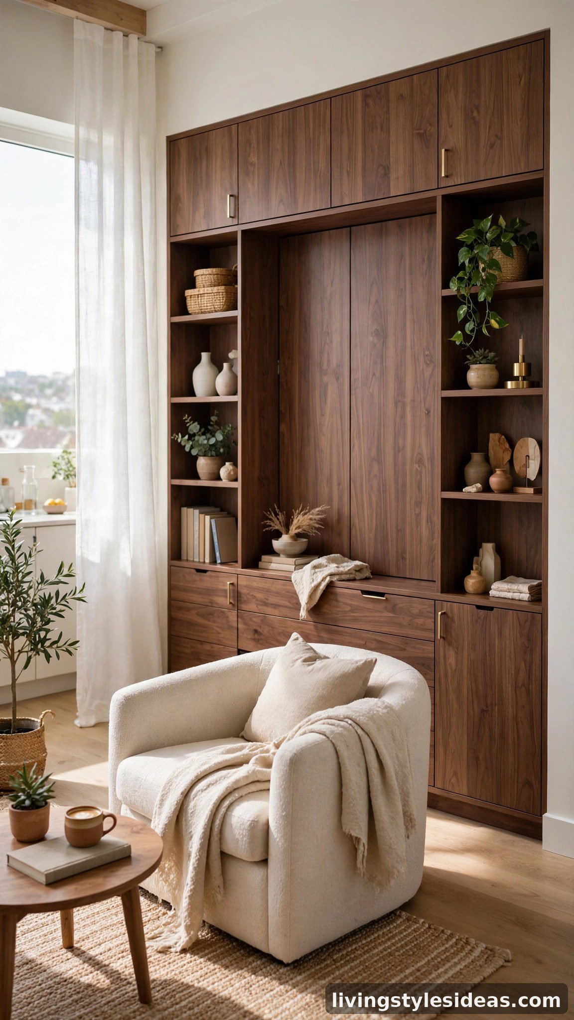 Modern tiny studio with a walnut Murphy bed folded up into a cabinet wall with shelves, living area in front
