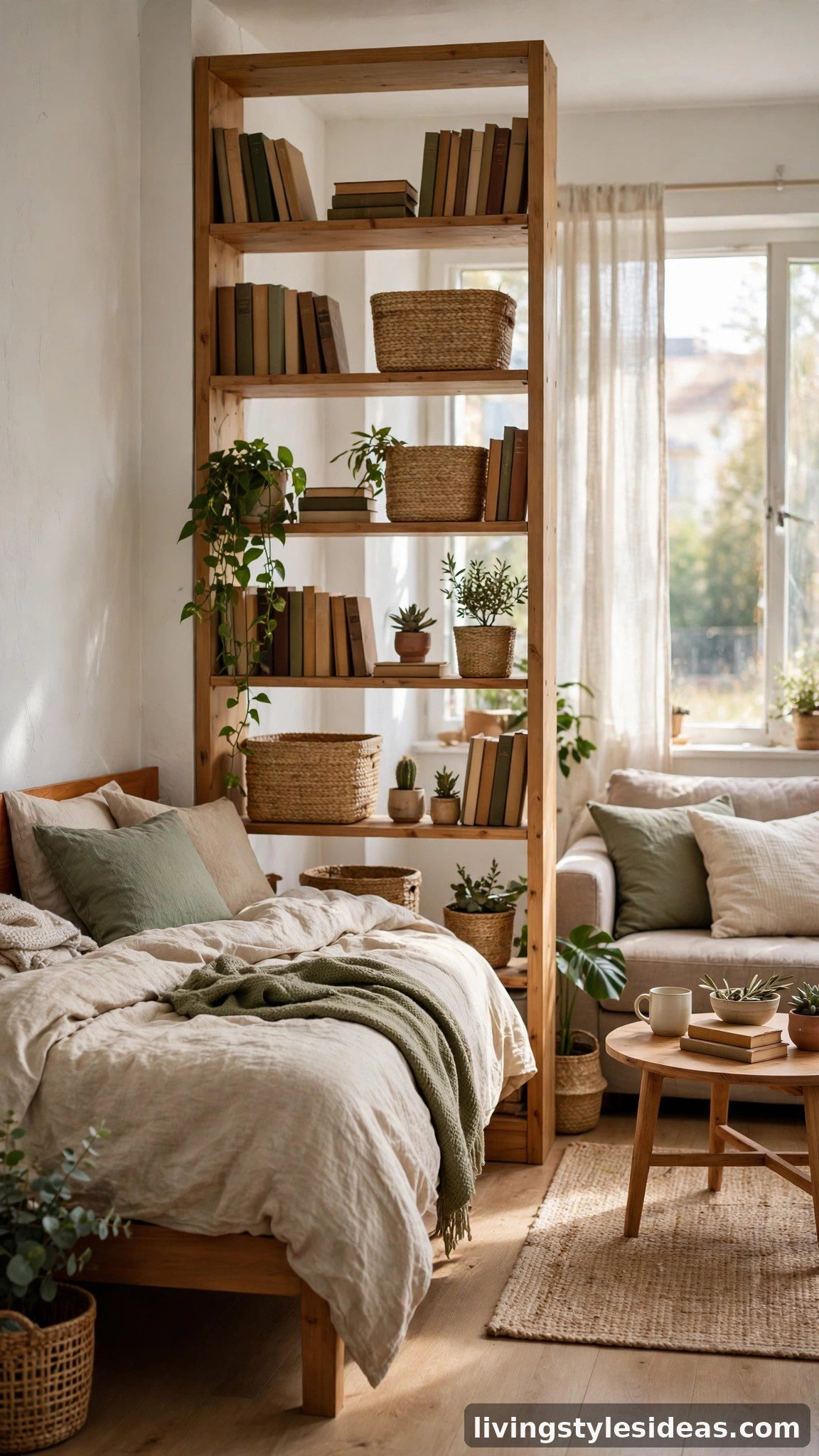 Tiny studio apartment with an open-back bookshelf room divider separating the bed area from the living zone, styled shelves
