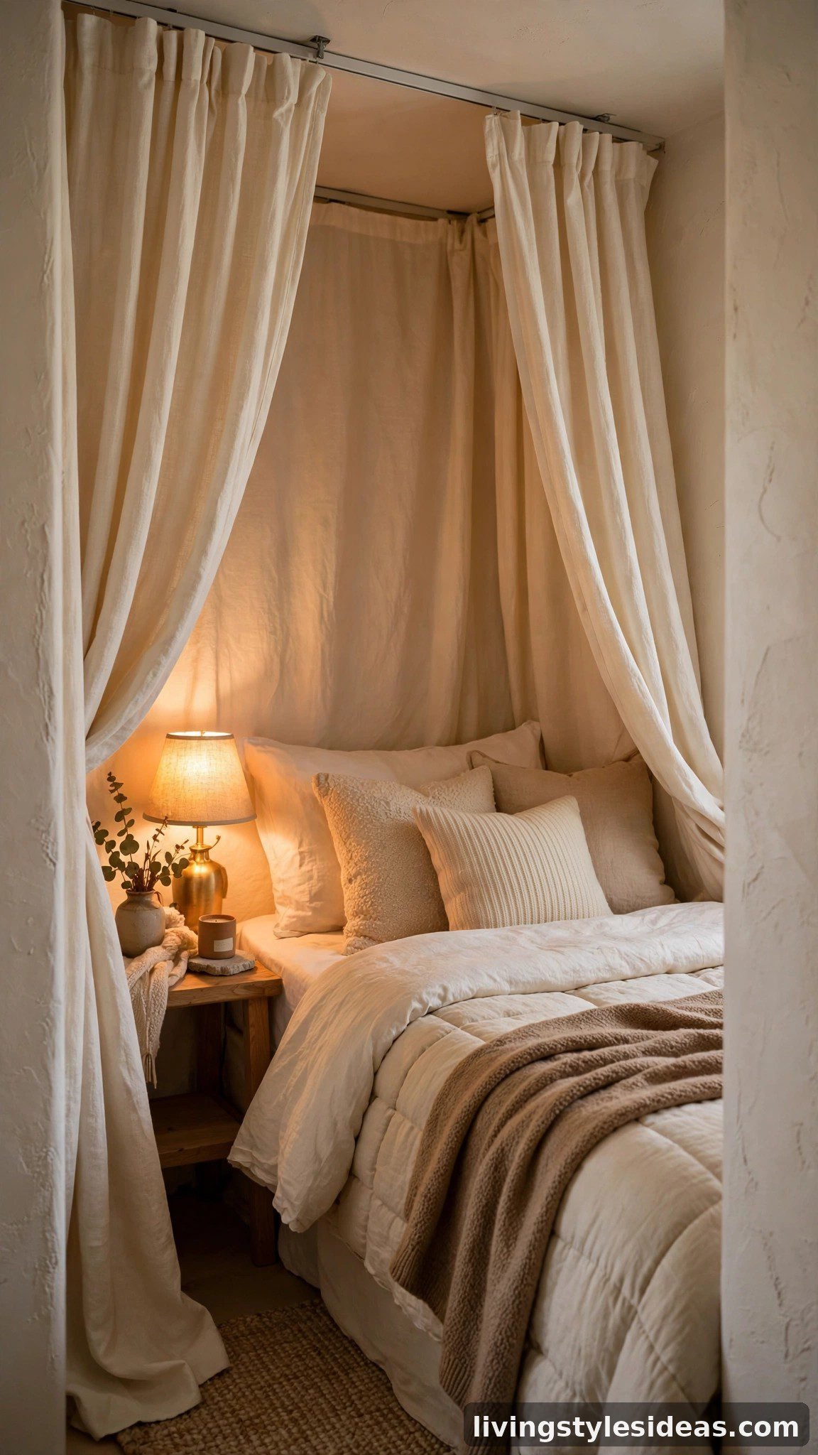 Cozy bed nook in a tiny studio apartment with cream ceiling-mounted curtains drawn around the bed, warm lighting