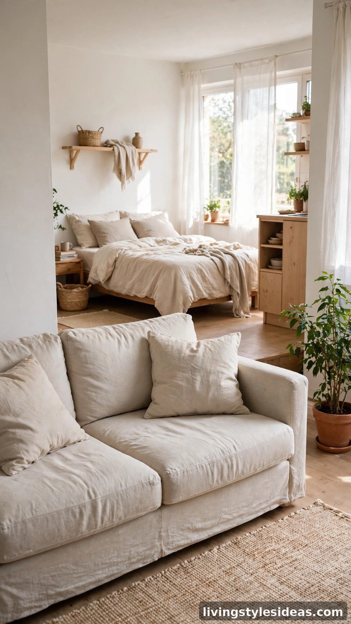 Tiny studio apartment layout with sofa floated away from the wall, clear walkways, rug and plant, airy feel
