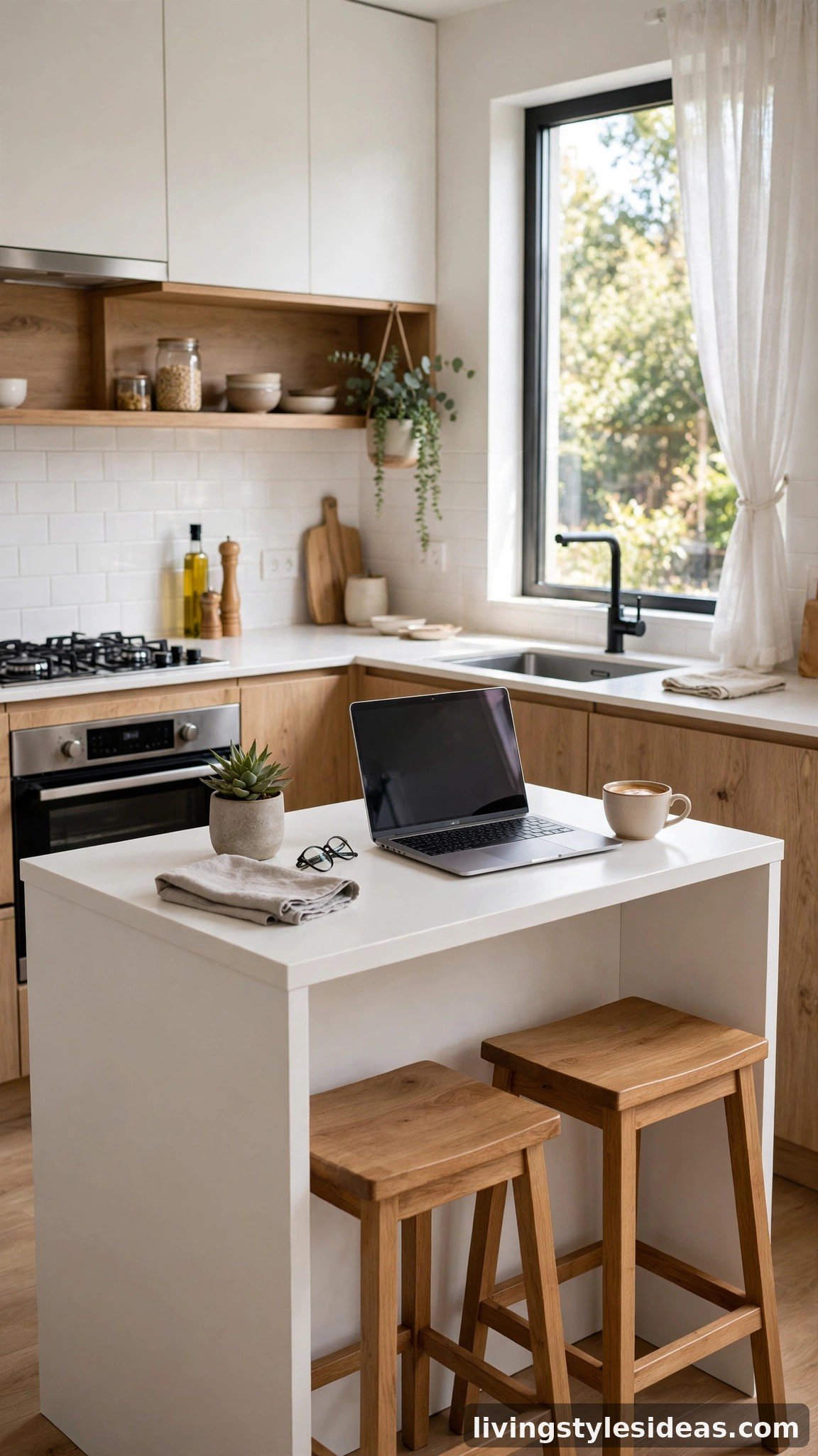 Small studio kitchen with a slim island counter serving as dining bar and home-office desk with two stools