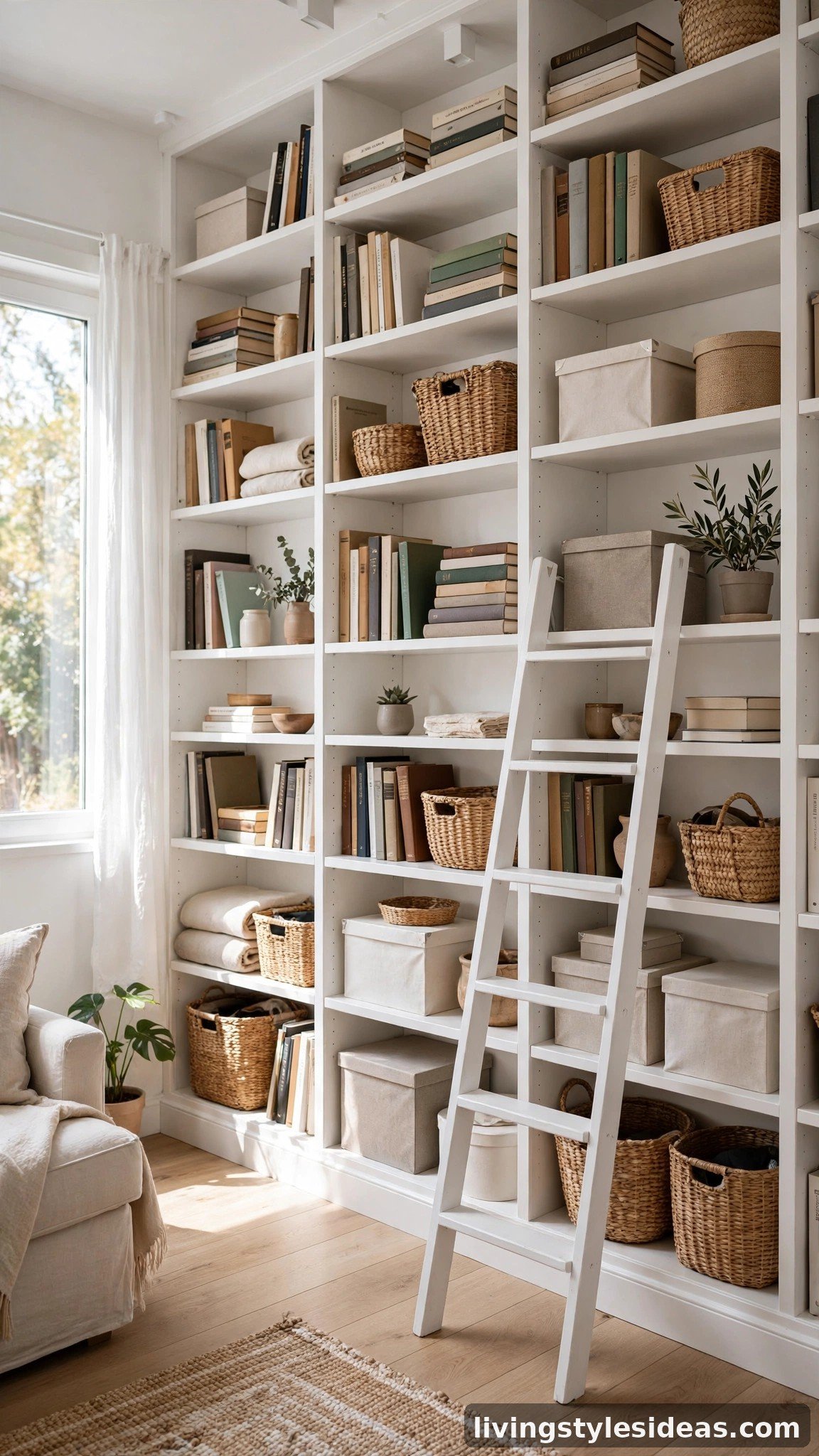 Tiny studio with floor-to-ceiling white shelving wall holding books, baskets and boxes, ladder leaning against it