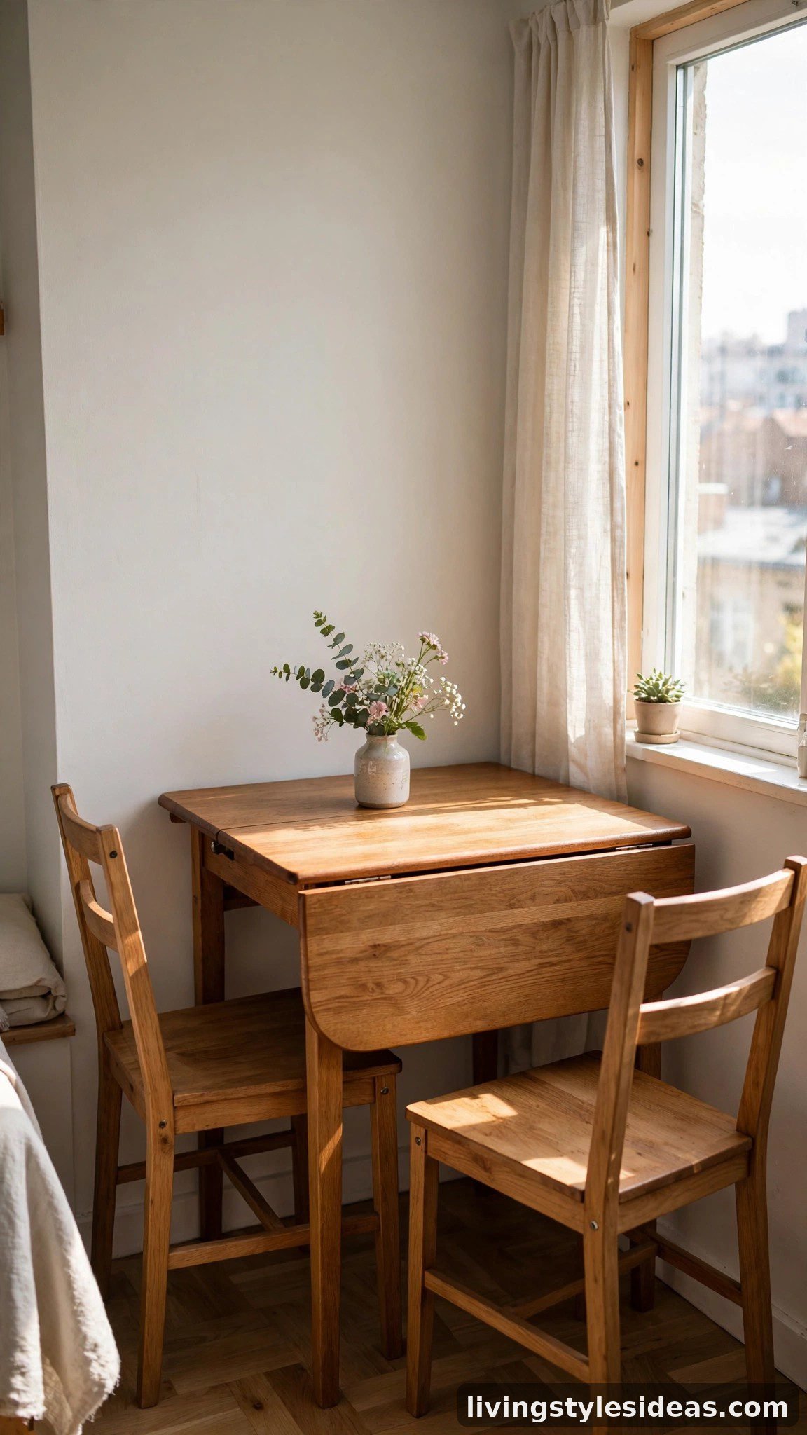 Compact dining corner in a tiny studio with a wooden nesting drop-leaf table and two chairs against the wall