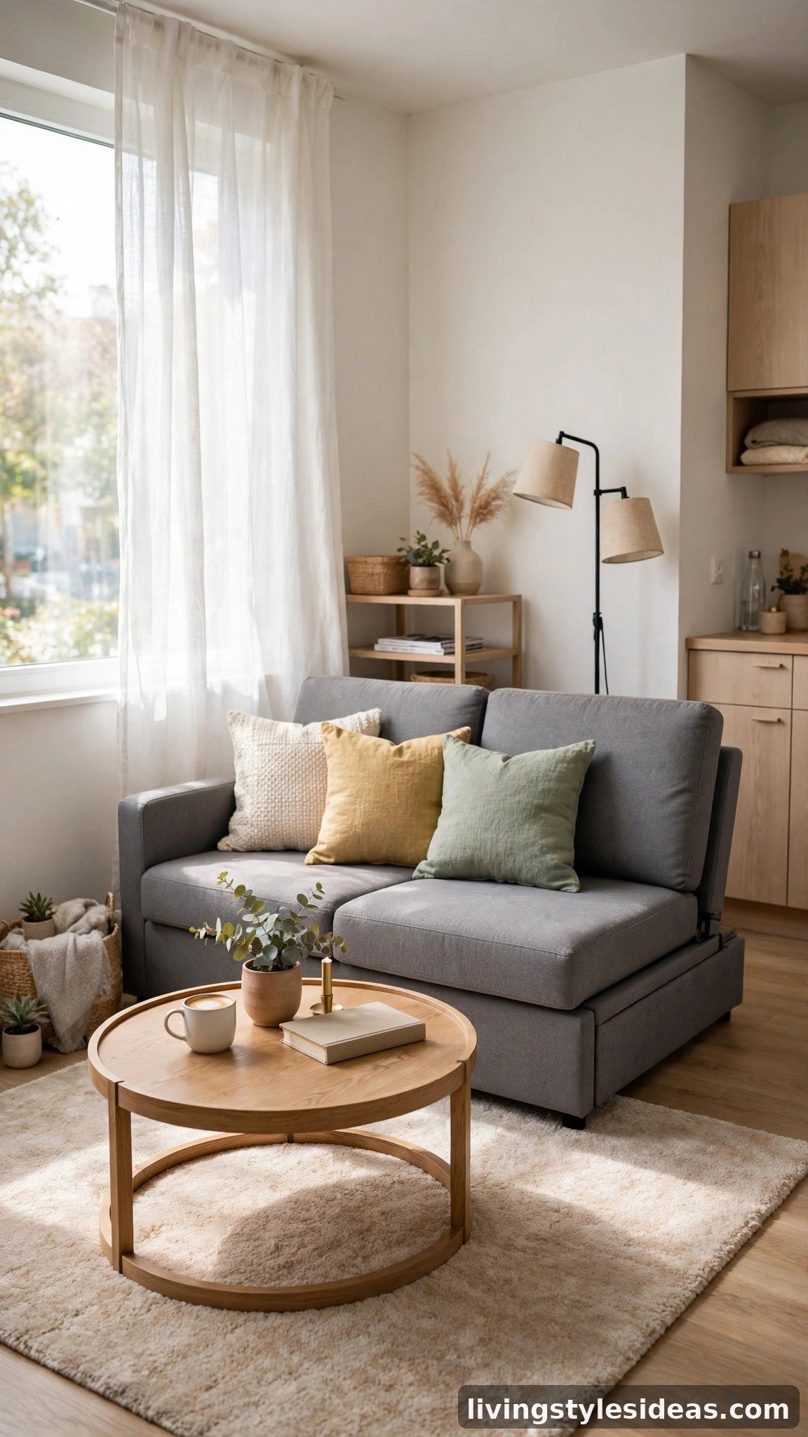 Stylish tiny studio living room with a modern grey sleeper sofa, coffee table and rug, bed folded away
