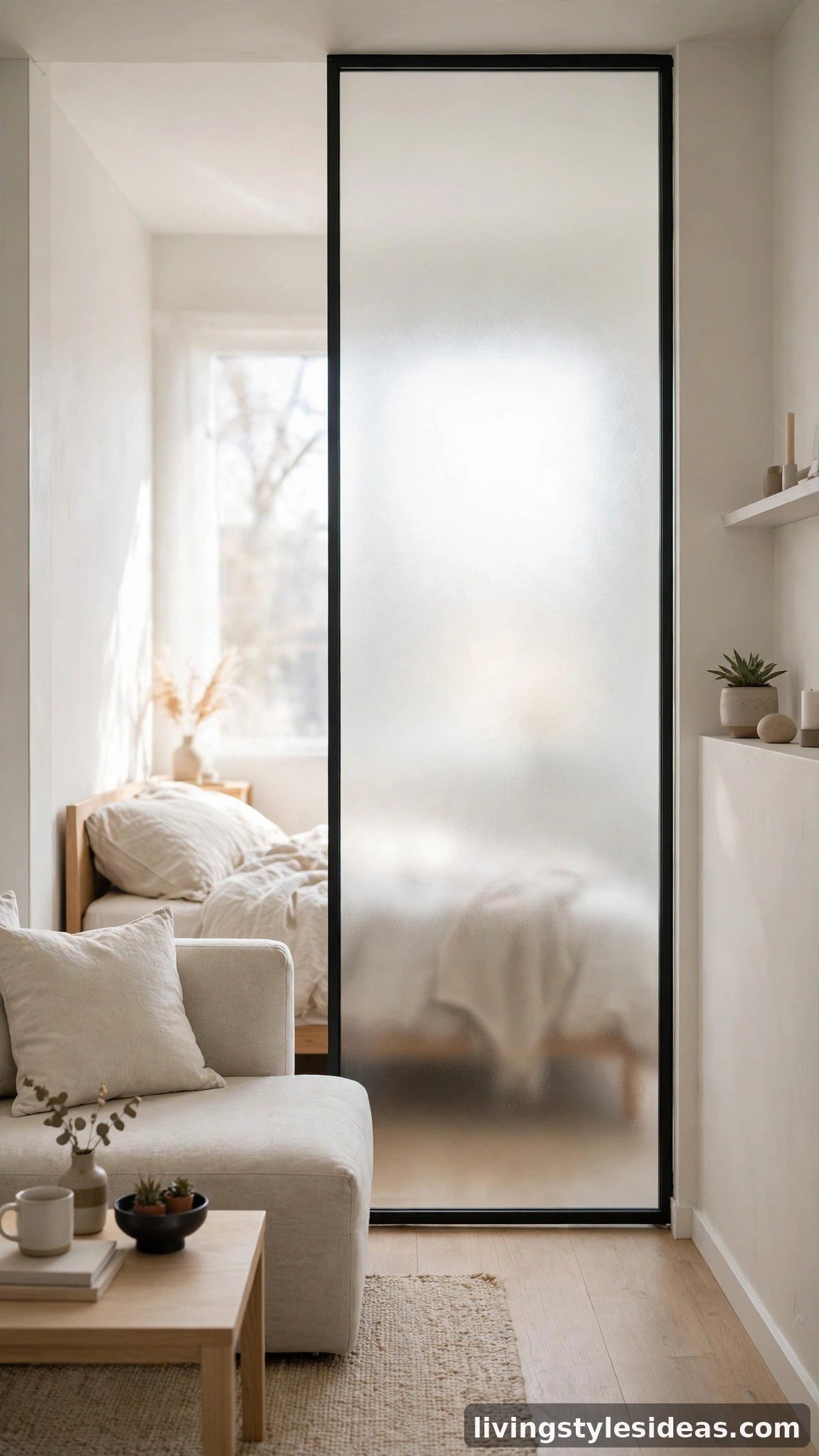 Tiny studio apartment with a frosted glass partition dividing the sleeping area, daylight flowing through
