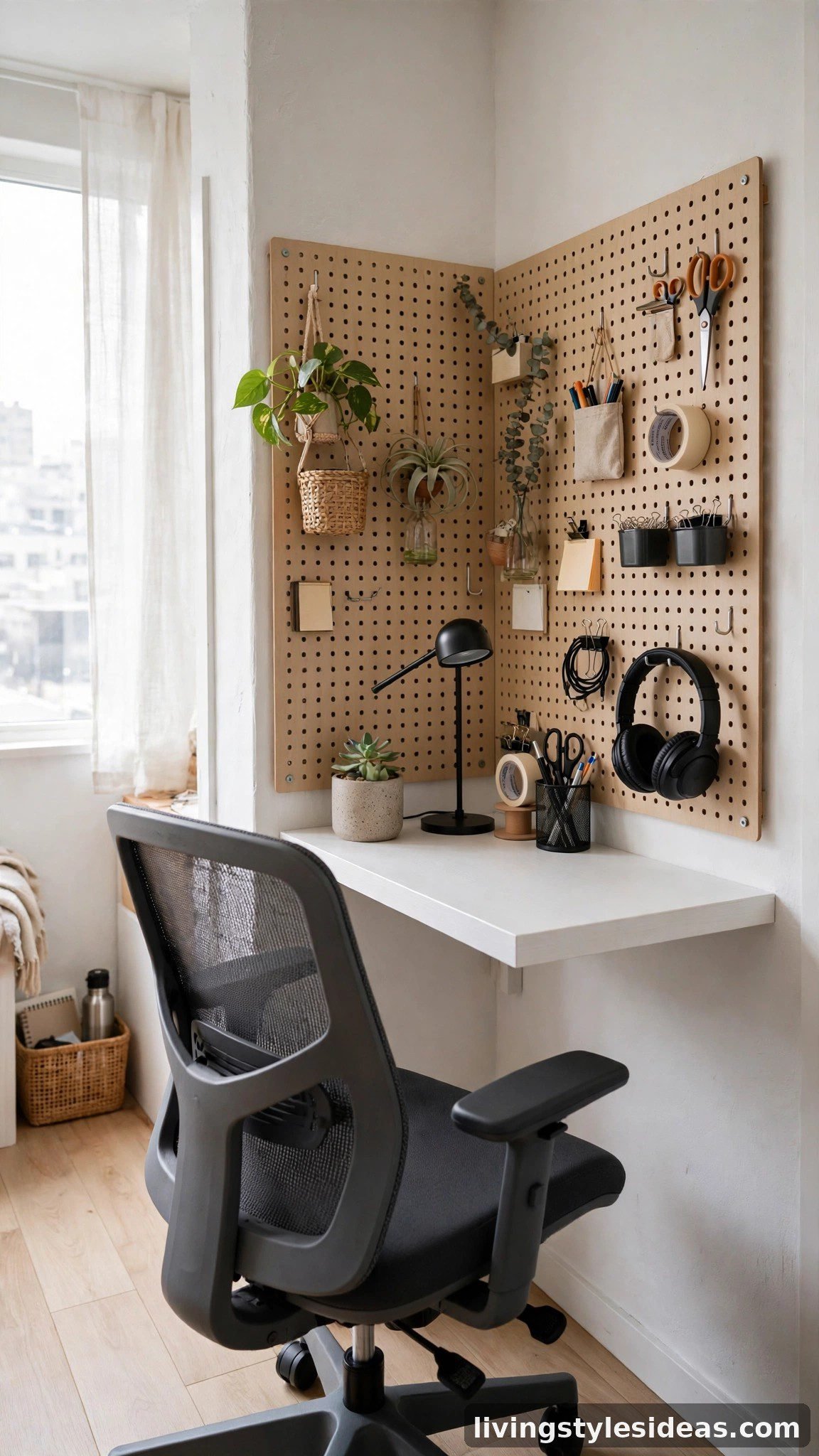 Corner workstation nook in a tiny studio with a floating desk, ergonomic chair, task lamp and pegboard