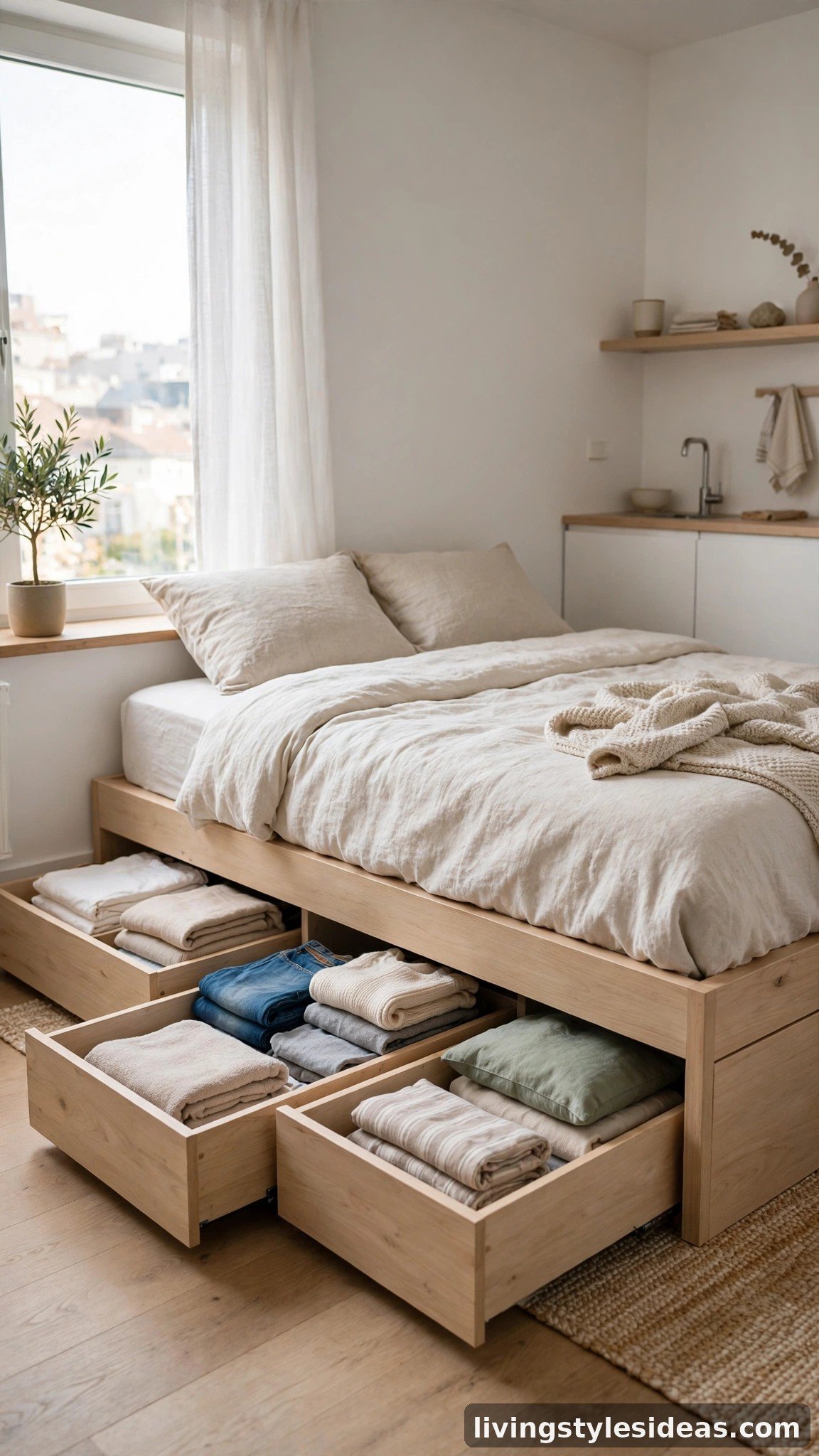 Platform bed in a tiny studio with pull-out under-bed storage drawers holding folded clothes and bedding