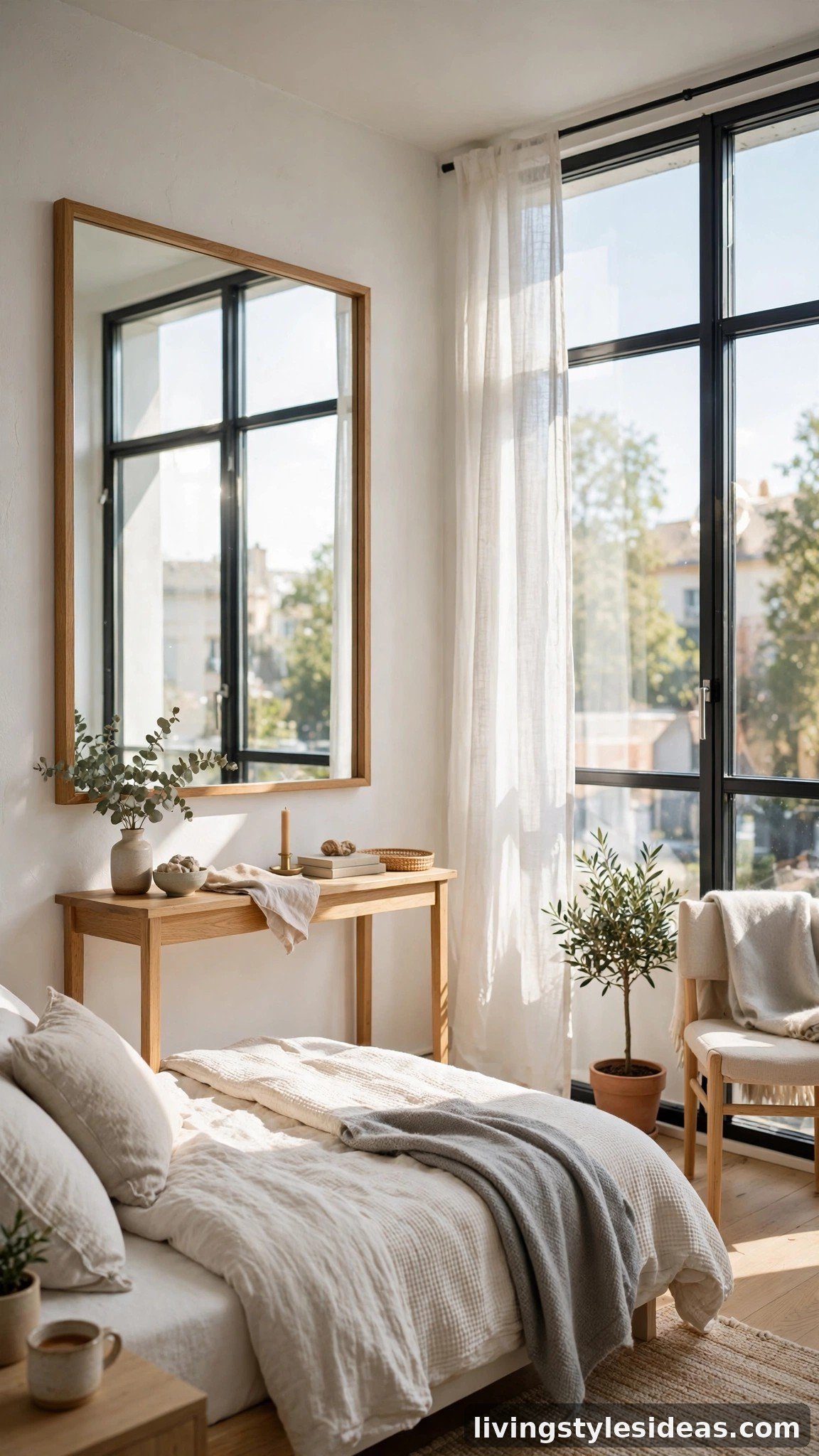 Tiny studio apartment with a large wall mirror opposite the window bouncing daylight across the room
