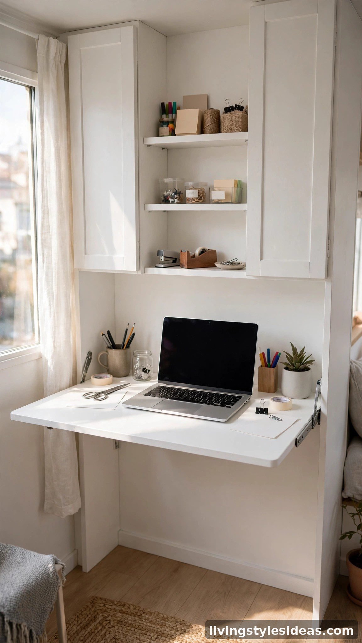 Wall-mounted fold-down desk in a tiny studio, open with laptop and shelves, painted to match the wall
