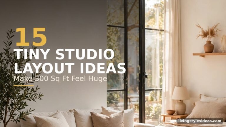 Bold text overlay on a bright tiny studio apartment interior: 15 Tiny Studio Layout Ideas