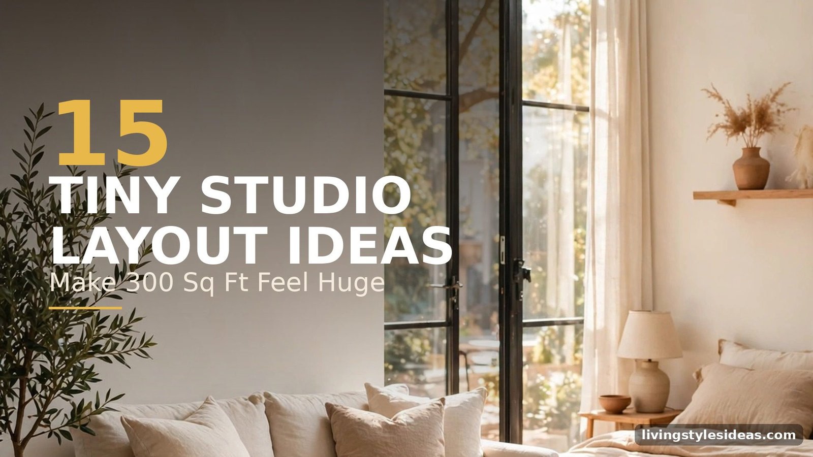 Bold text overlay on a bright tiny studio apartment interior: 15 Tiny Studio Layout Ideas