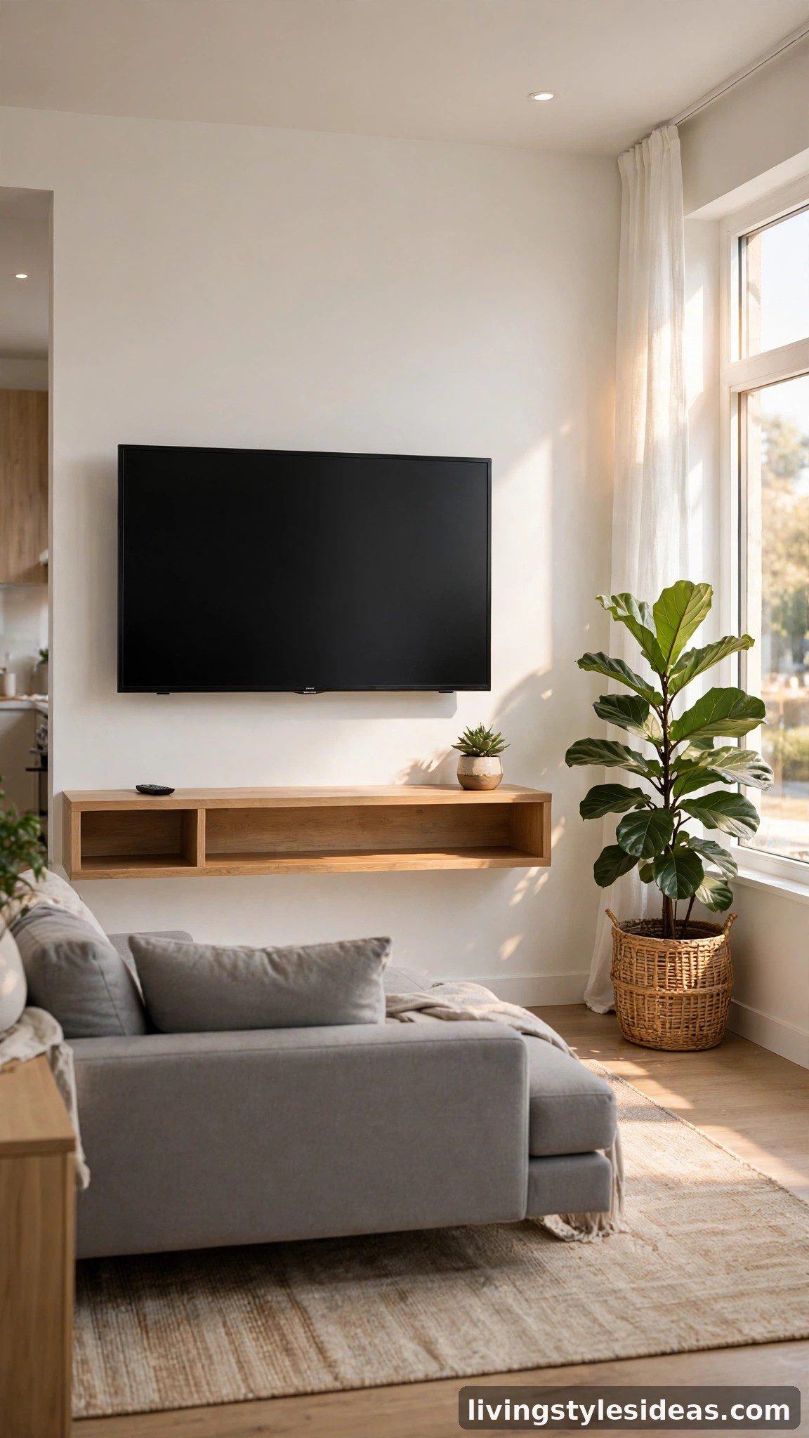Flat-screen TV wall-mounted on the longest empty wall of a bright studio apartment