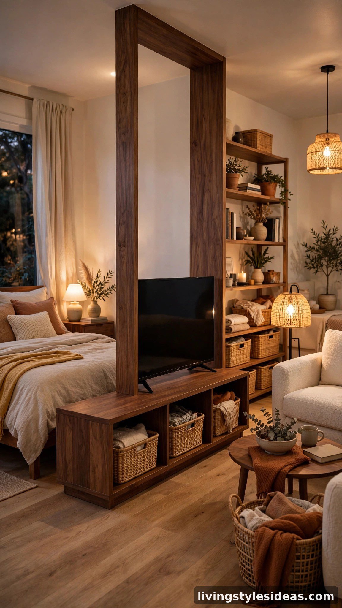 Low media console with TV acting as a room divider between bed and living zones