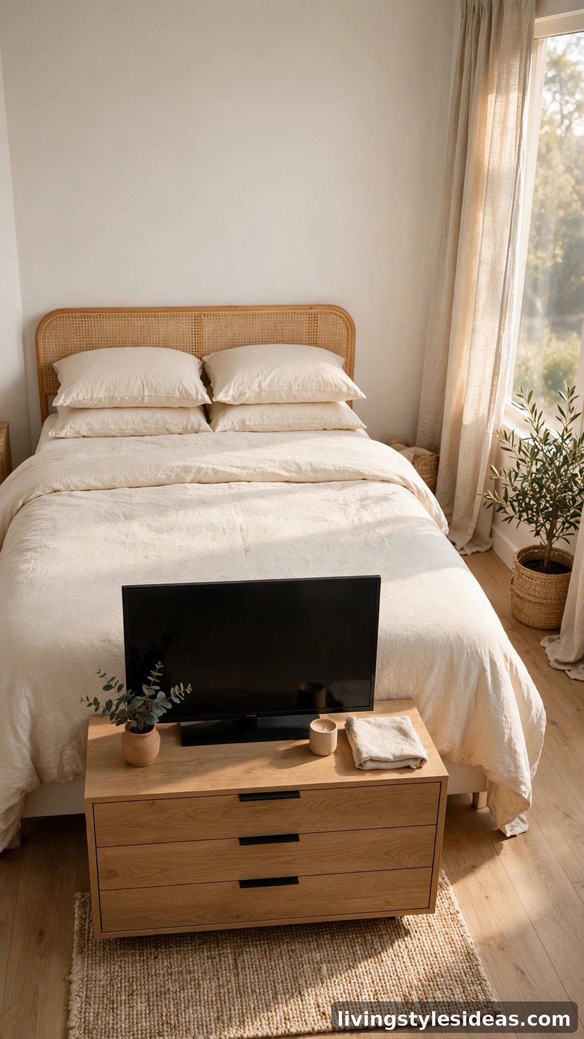 TV on a dresser at the foot of the bed in a cozy studio apartment