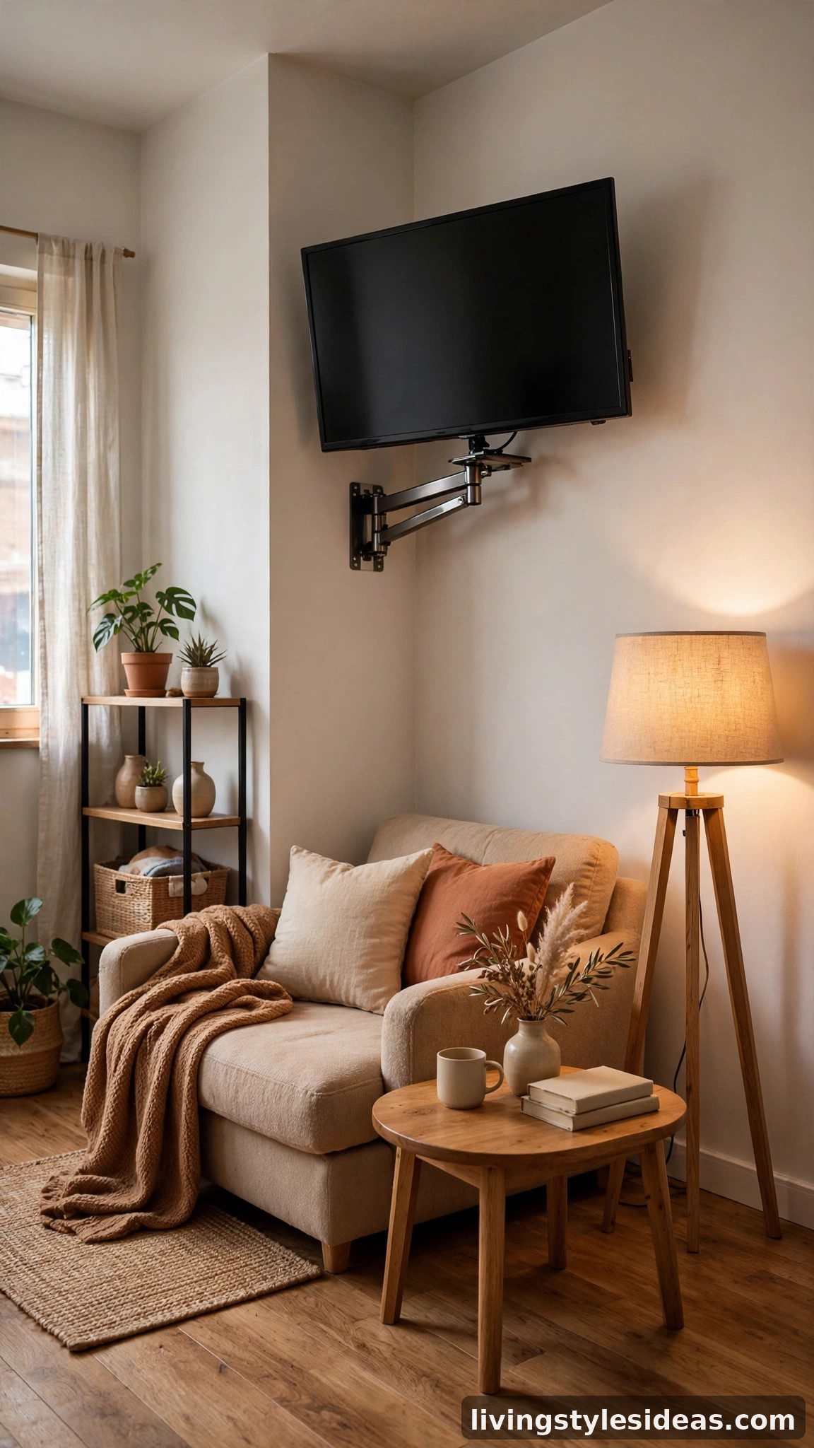 Corner-mounted TV on a swivel bracket in a small studio apartment