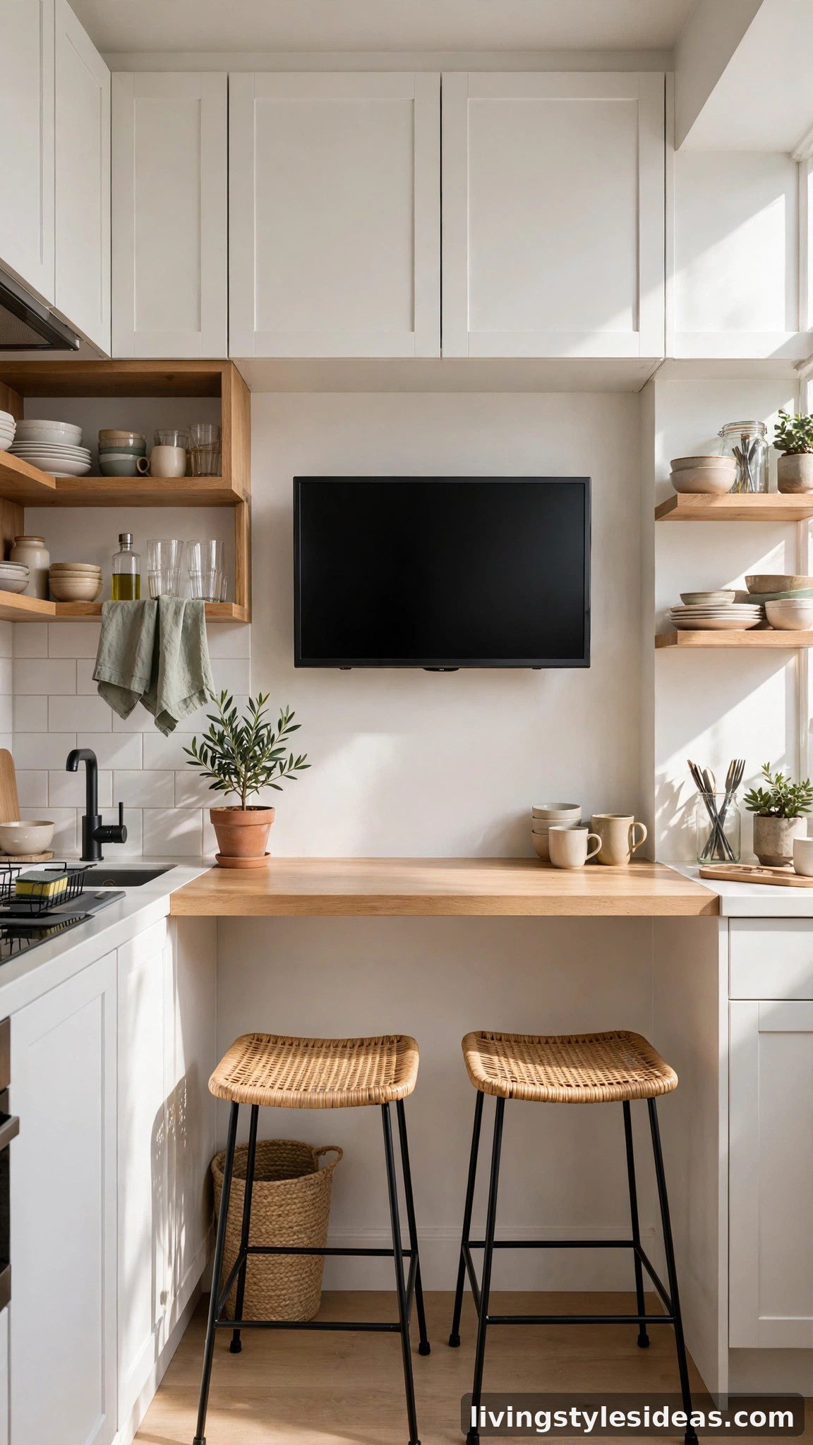 Compact TV mounted above the breakfast bar in a studio kitchenette