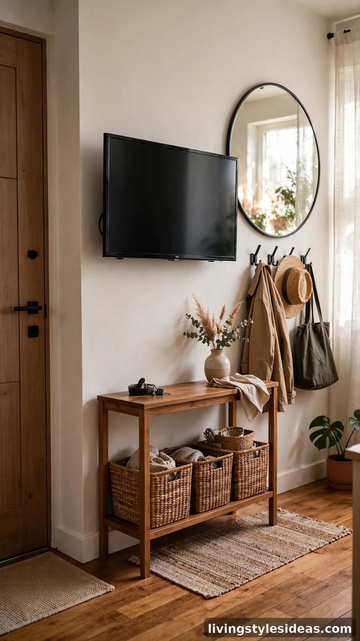 TV mounted above a slim console on the entryway wall of a studio