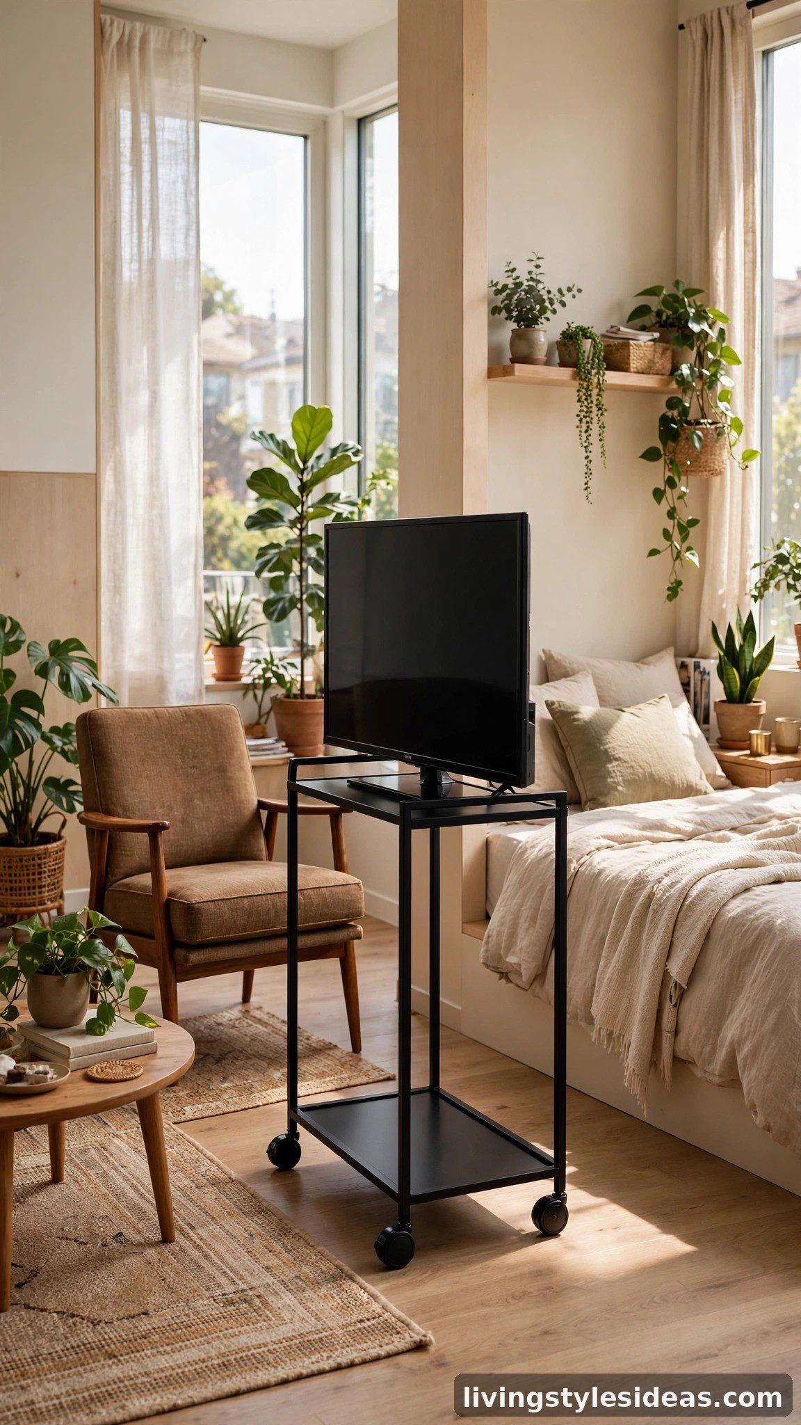 TV on a rolling cart stand moved between living and bedroom zones