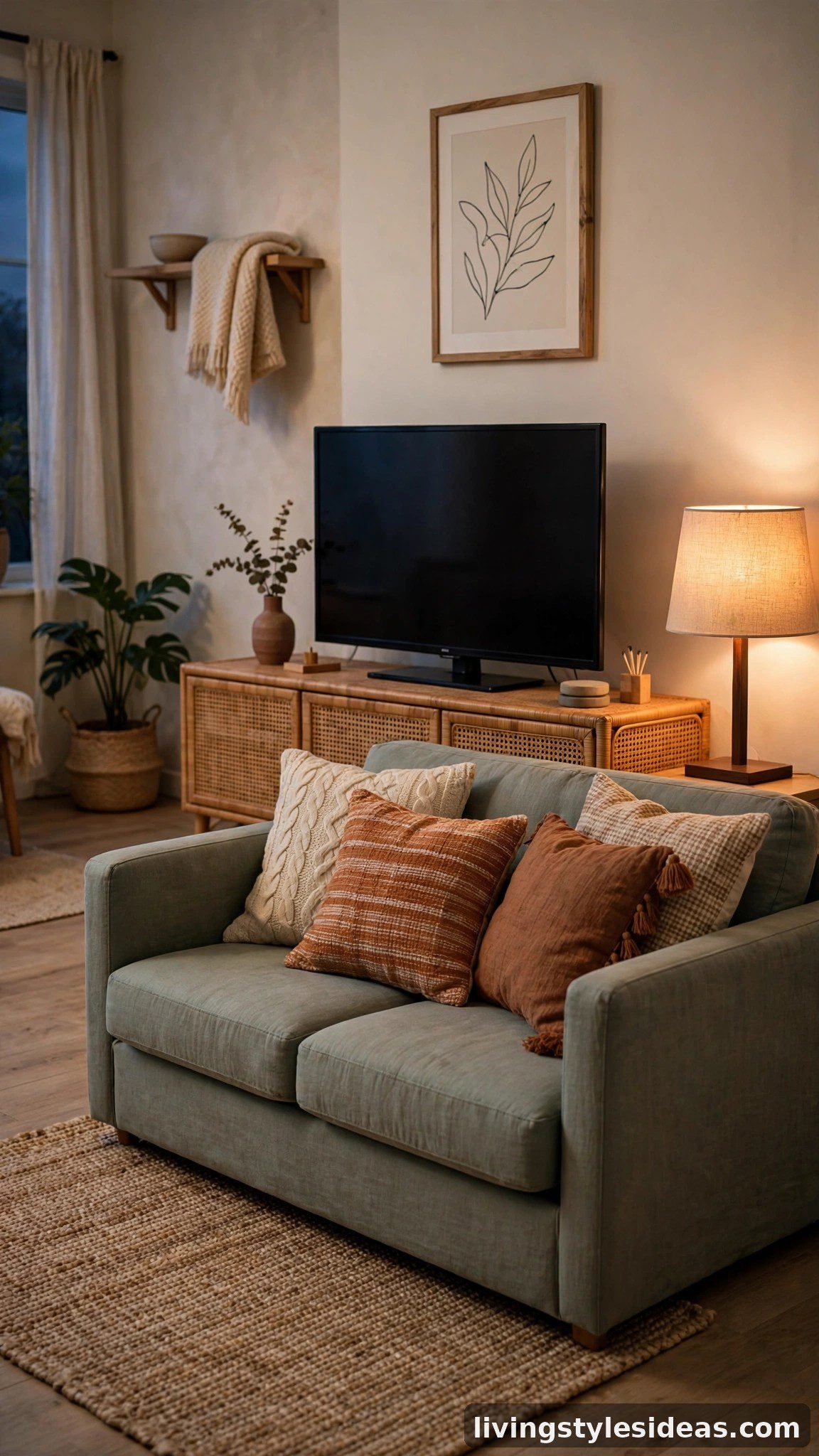 Compact loveseat facing a TV on a low rattan media cabinet in a studio