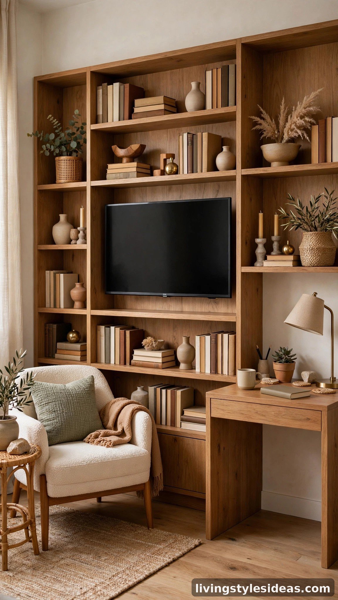 TV built into a styled bookshelf wall in a studio apartment