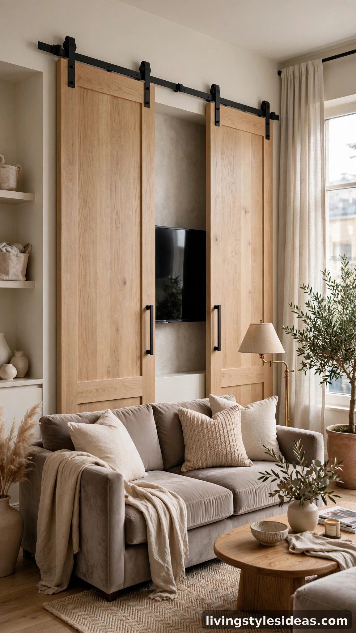 TV hidden behind sliding barn doors on a studio media wall