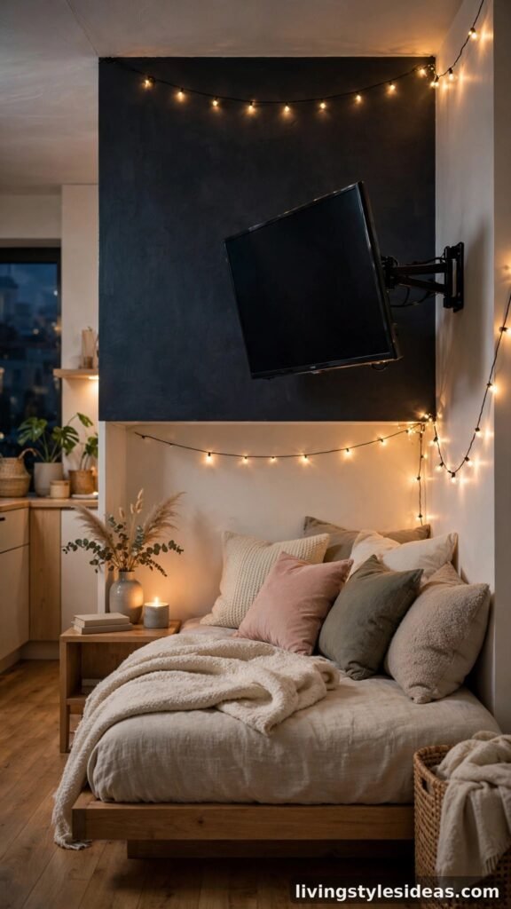 TV angled into a cozy bedroom nook in a studio apartment