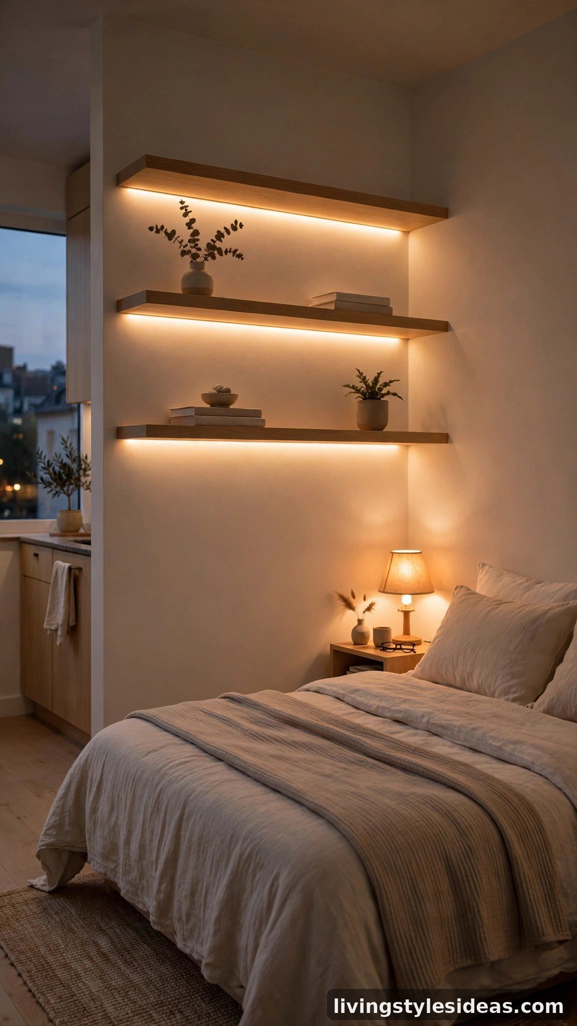 Studio apartment at dusk glowing with warm cove lighting and a minimal lamp