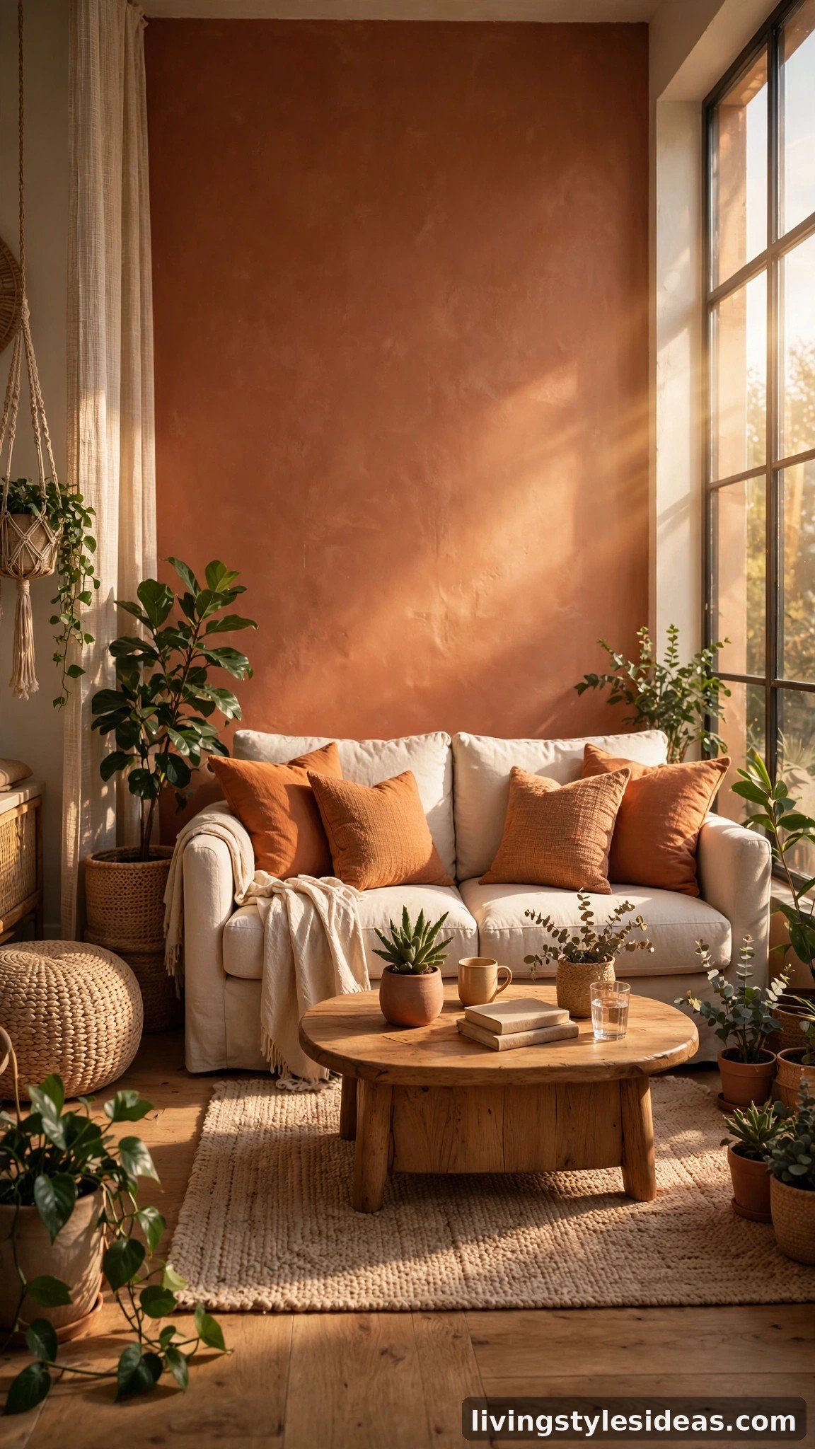 Cozy studio living zone with a terracotta accent wall, warm white sofa and clay cushions