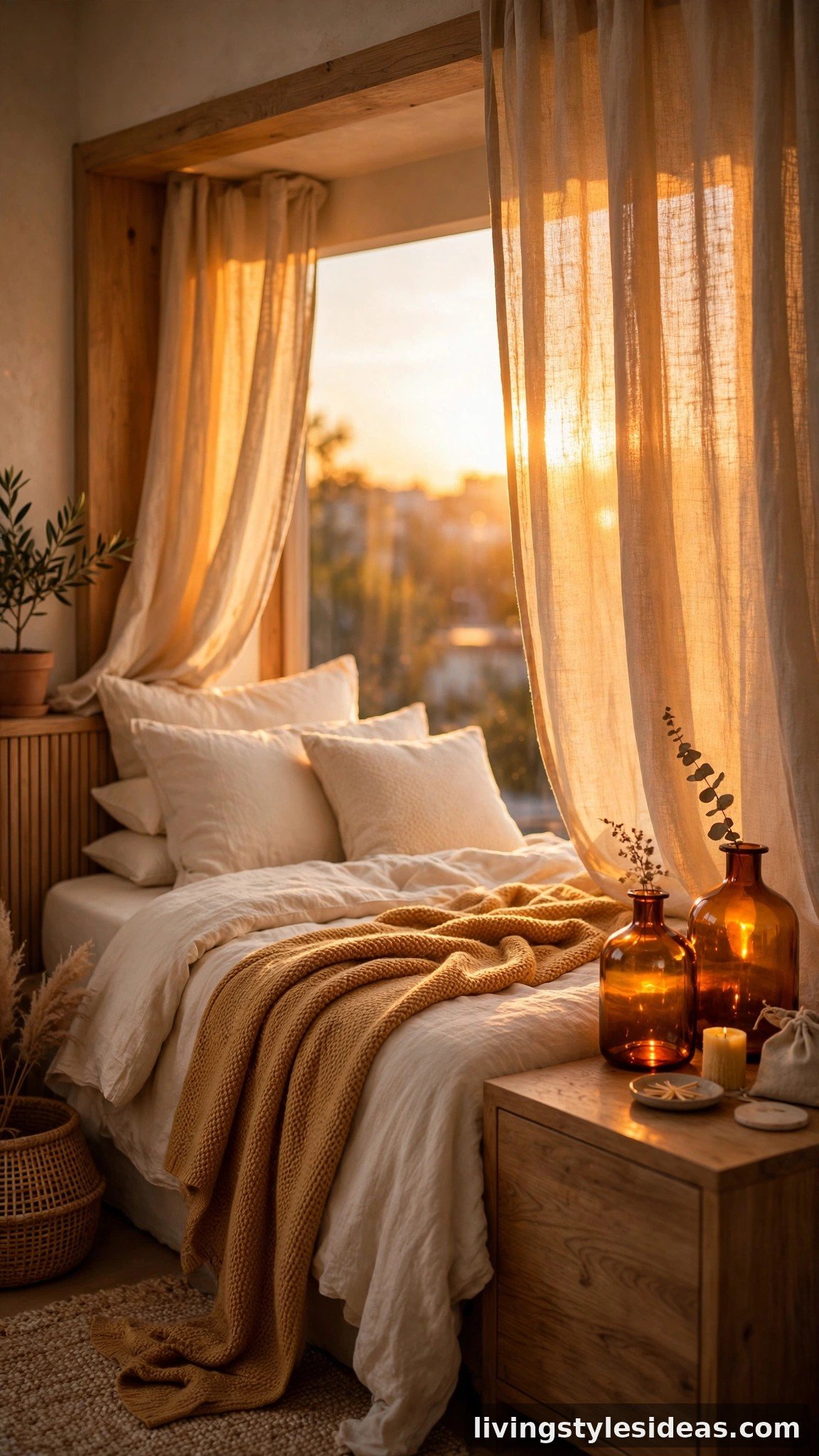 Warm studio bed nook styled in amber and honey tones with cream bedding