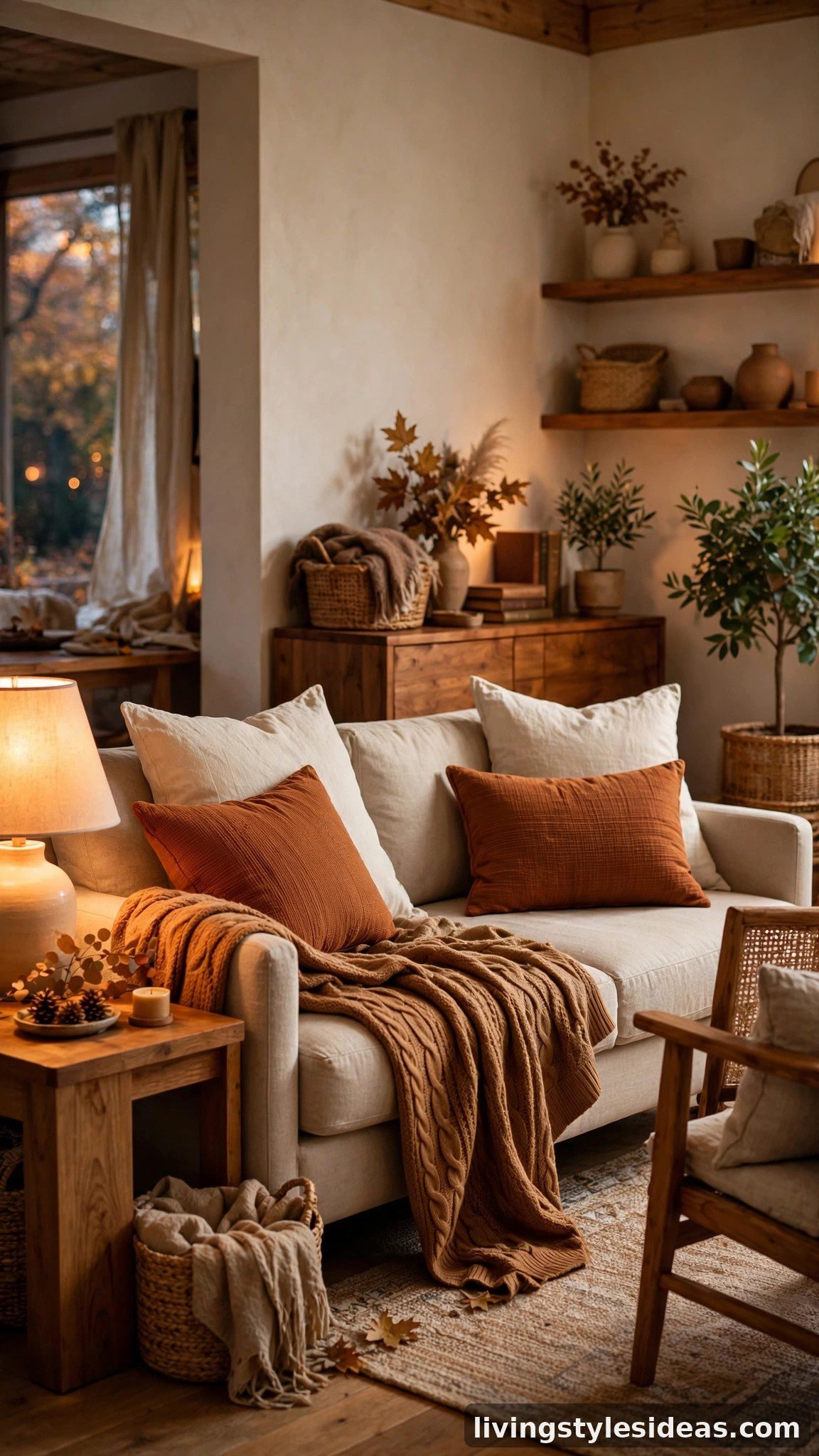 Studio living room with rust cushions, caramel knit throw and ivory pillows