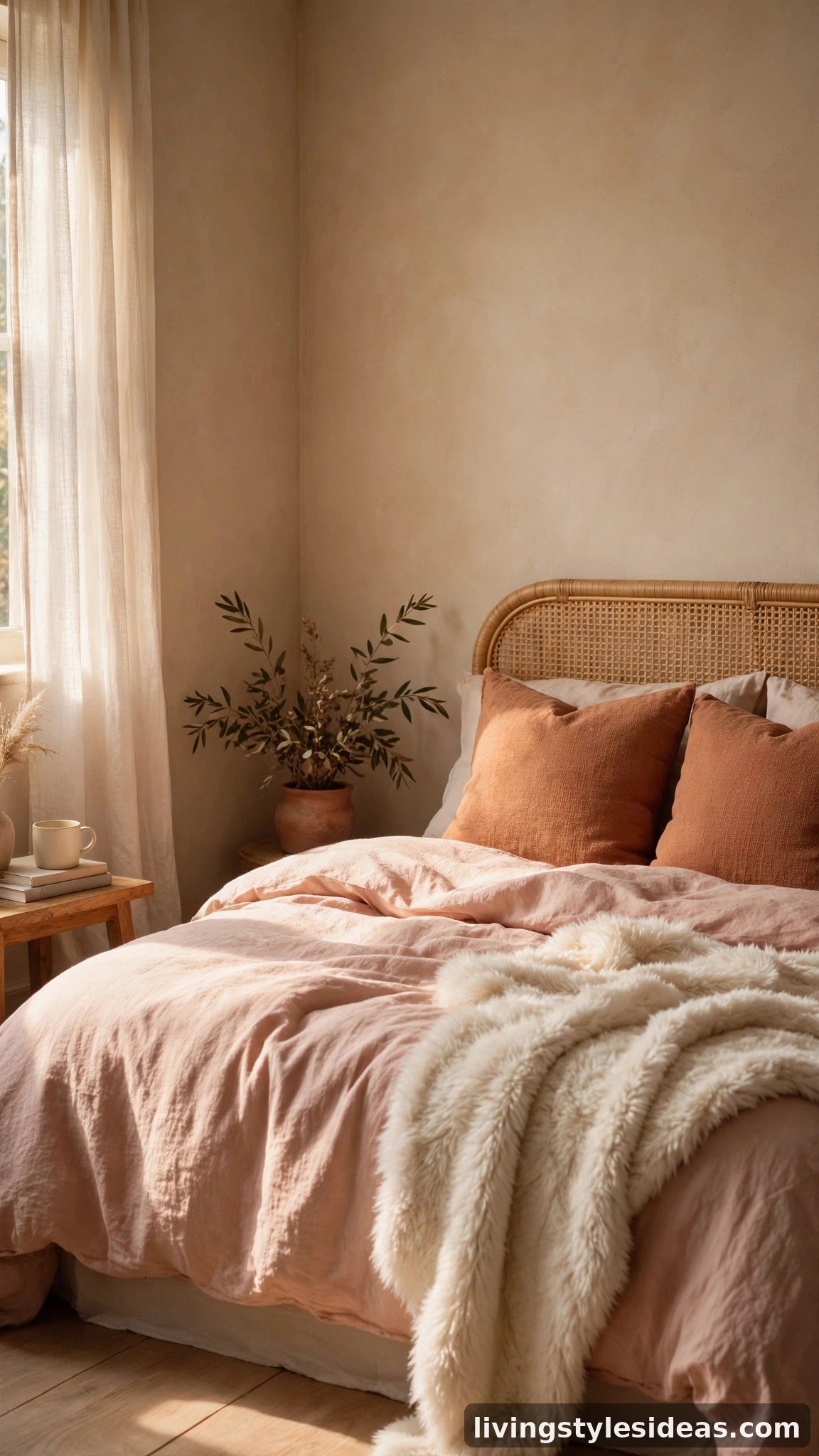 Blush rose bedding and terracotta cushions in a cozy warm studio bedroom corner