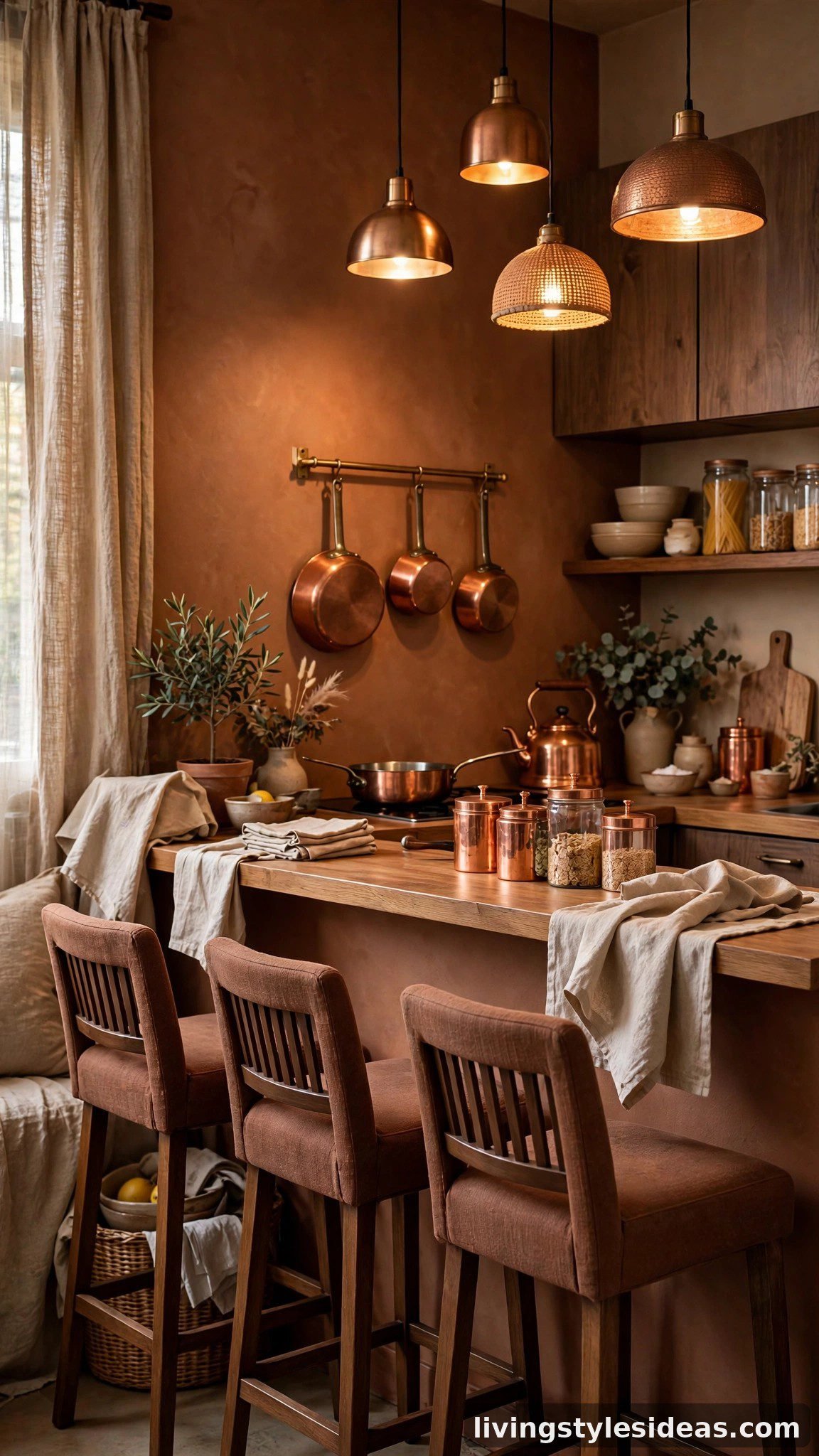 Cozy studio dining corner in cinnamon, cocoa and warm beige tones