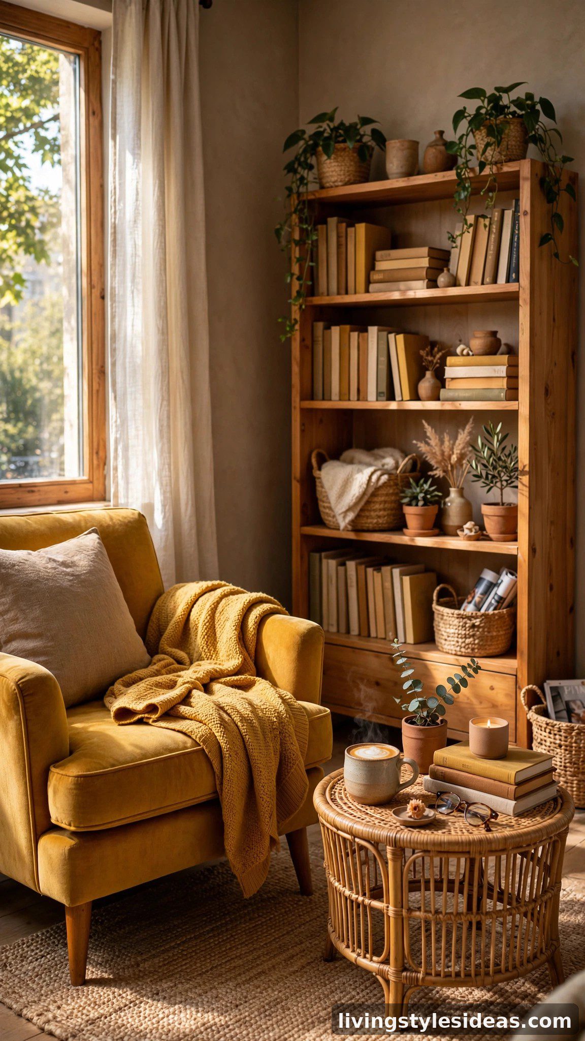 Sunlit studio reading corner with ochre armchair and mustard throw