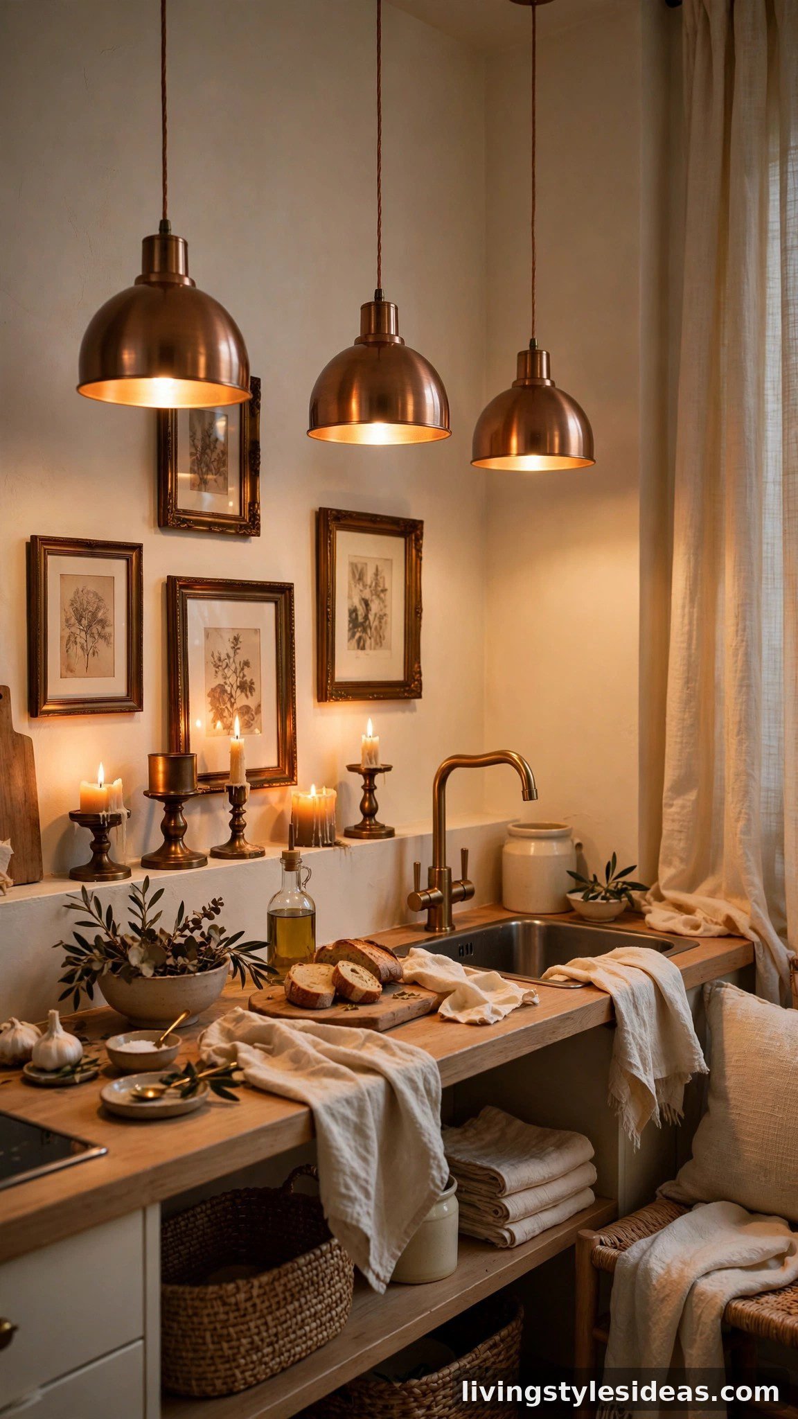 Warm studio kitchen with copper pendant lights and bronze accents